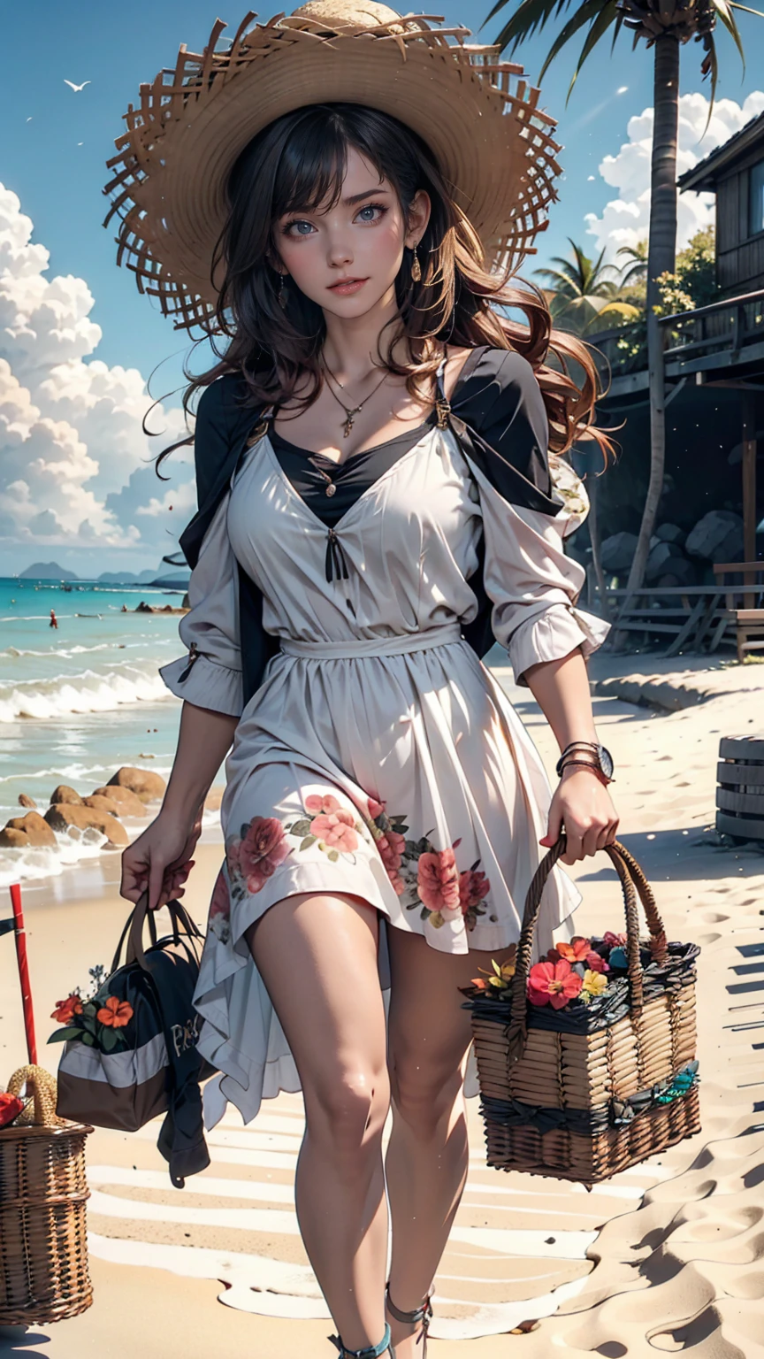 Woman in her 20s、Feminine summer style with beach background。Light floral summer dress、Sandals、Straw hat、Holding a basket bag in hand。Hair swaying in the wind