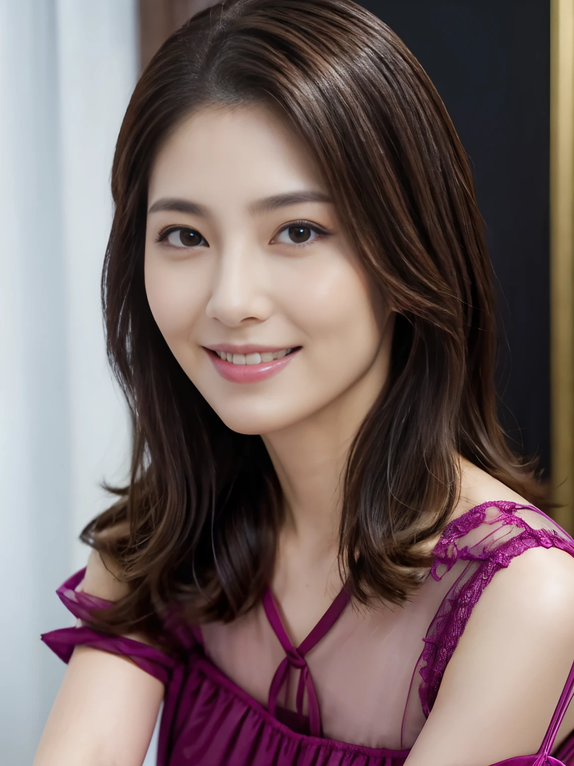 (Raw Photo), (Photorealsitic), (Masterpiece), (Best Quality), High Resolution, 8K, (Intricate Details), (Voluminous Light), Portrait, Female, (50 Years Old), Medium Straight Hair, layered hair, brown hair, very fine eyes, source order, very fine eyebrows, very fine skin, very fine mouth, very fine nose, cute like an idol, happy smile, (thick lips), (looking at the viewer), (Elegant Transparency Magenta Short Sleeve dress), waist shot, (Random body orientation),