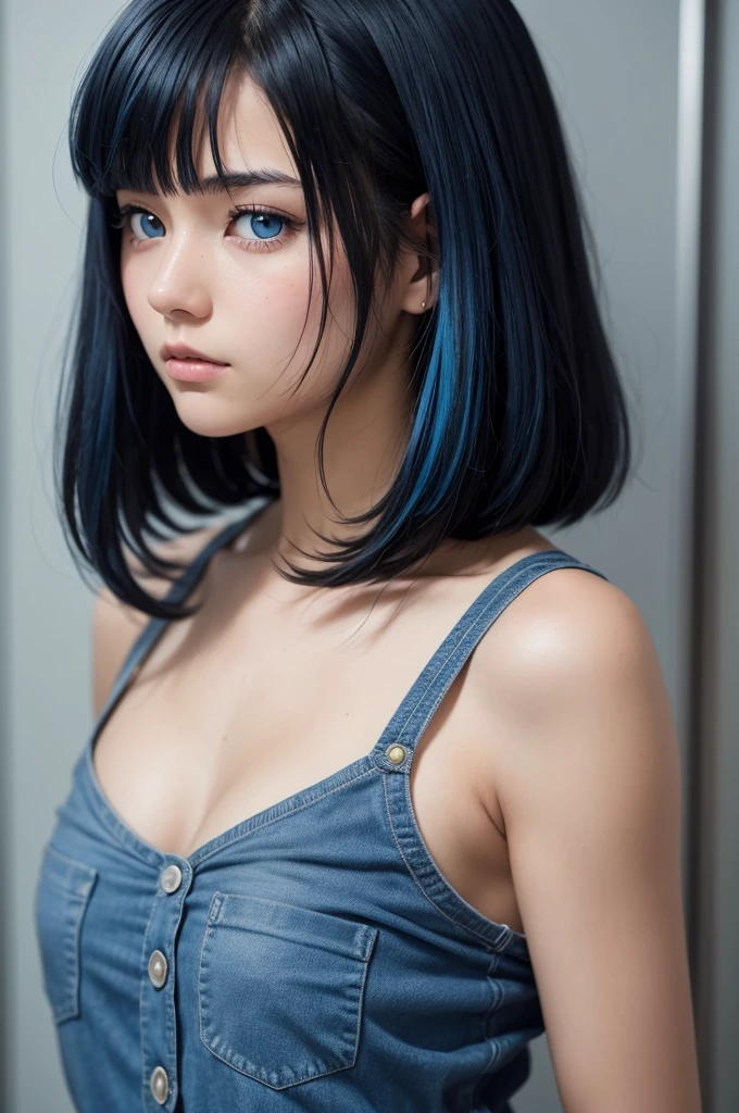Make a one piece comic panel image of a 16 year old woman who has short black hair with blue streaks and blue eyes, skin fair 