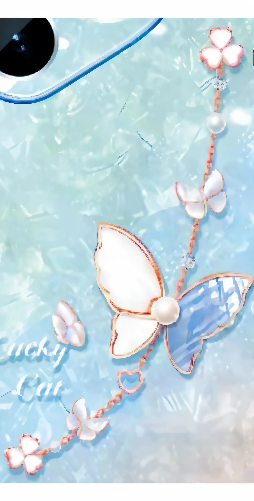 there is a Butterfly necklace with a chain attached to it, Butterfly jewelry, Tiffany style, pearly Sky, Tiffany, Dōjin works, Butterfly, Dreamy, harmony of Butterfly, sapphire Butterfly jewellery, Width, 8K!!, desktop background, Nine thousand, 海Butterfly, 9k, Eight thousand, 8K, Nacre, Sky, mother of pearl color
