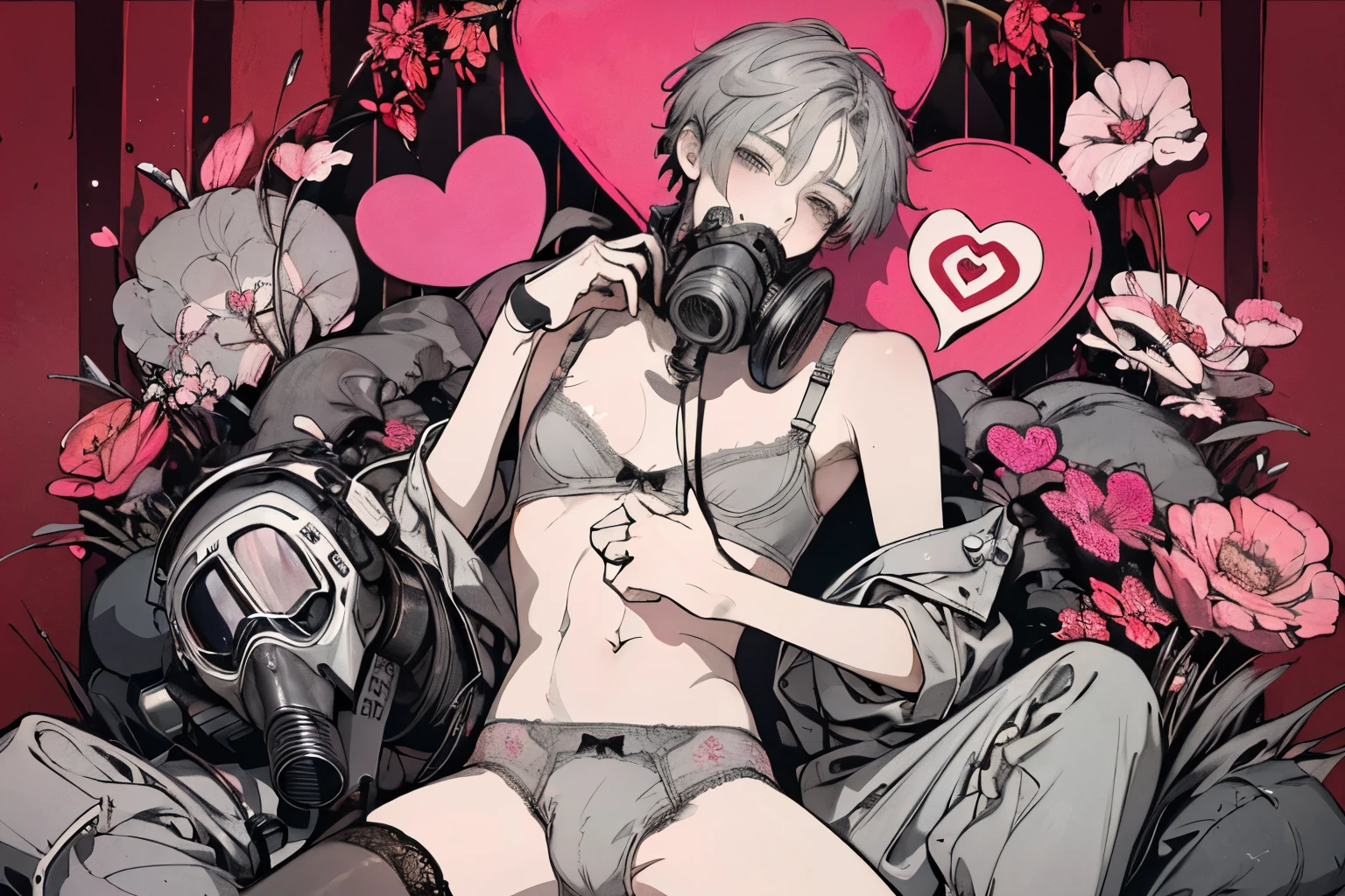Beautiful young man, coral pink-haired, ((Gray eyes)),(short wave hair:1.2), (gas mask:1.2),((underwear、bra、lingerie:1.2)),clear wear,High quality, amount of drawing, pixiv illustration,(heart:1.2),close-up Face,red-cheek,(NSFW:1.0),(hand in underwear:1.1),(Constraints、imprisonment、Masturbation:1.25),(spread legs:1.25).