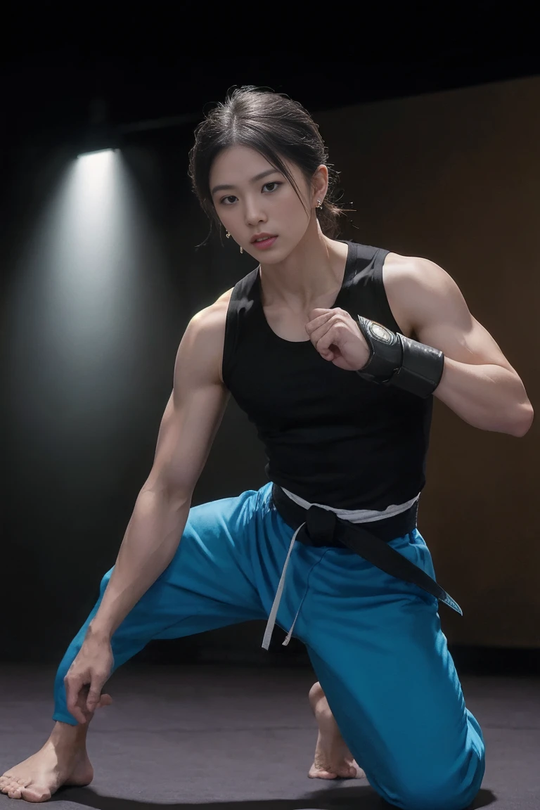 (((Best sparring scene))), striking, chokehold, defense, (rim lighting, studio lighting,), ((((A scene from a commercial for practical martial arts on the battlefield)))), best quality, masterpiece, ultra HD texture, highly detailed, ultra realistic, exquisitely detailed, 8k, photorealistic, concept art, matte painting, Autodesk Maya, VRay rendering, ray tracing, HDR), (dslr, full frame, focal length 16mm, aperture f/8, dynamic perspective, dynamic angle, golden ratio, Wide photo, Wide) (field of view, depth of field, zoom out) techwear, martial arts training, training wear and protectors, perfect self defense techniques, perfect and agile defense techniques, lean and muscular body, defense style, toned and muscular body, real, metropolitan museum, best quality, inside a modern training gym,Japanese Male Model, Big muscles, good looking, nice, Smoothly combed hair, Earrings, Wearing a loose tank top, Have a lollipop, Portraiture, modeling, Dynamic pose, Japan Streets, Late at night, Store lighting trade, Full Body Shot Information