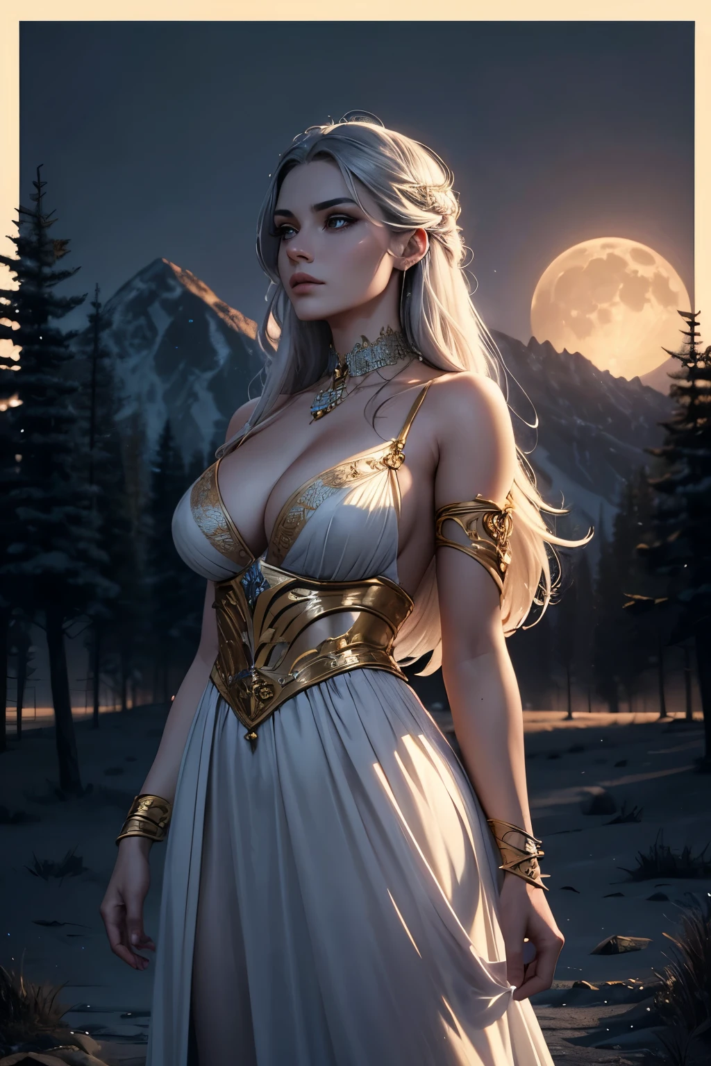 a gorgeous moon one night, its silver radiance shining gold on the thin clouds in the way as it peeked through a V-shaped gap in the tree line, 1 woman standing in awe, detailed face and eyes, elegant long dress, moonlight shining on her, dramatic lighting, cinematic, highly detailed, 8k, photorealistic, intricate details, vibrant colors, fantasy landscape, moody atmosphere, ethereal, mystical, dramatic, epic