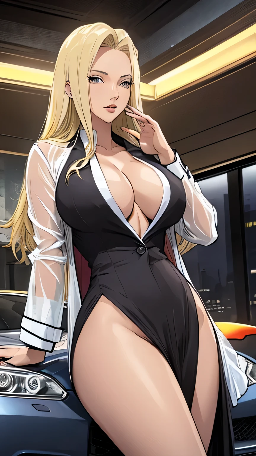 beautiful detailed girl, sexy female mafia boss, wearing office suit and long transparent coat, blonde hair, slender, Pose with hands together, Youthful expression, large breast, massive cleavage exposed, huge buttock, sitting on top of sport car