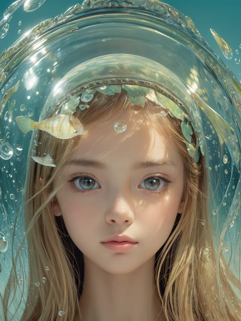 (((masterpiece))), (((best quality))), ((ultra-detailed)), (illustration), (detailed light), ((an extremely delicate and beautiful)), (beautiful detailed eyes), (sunlight), 1girl, studio, easel, AddXL, flat color, limited palette, ligne claire, fish, bubble, surreal, wide shot, fisheye, add_detail:1, add_detail:0, add_detail:0.5