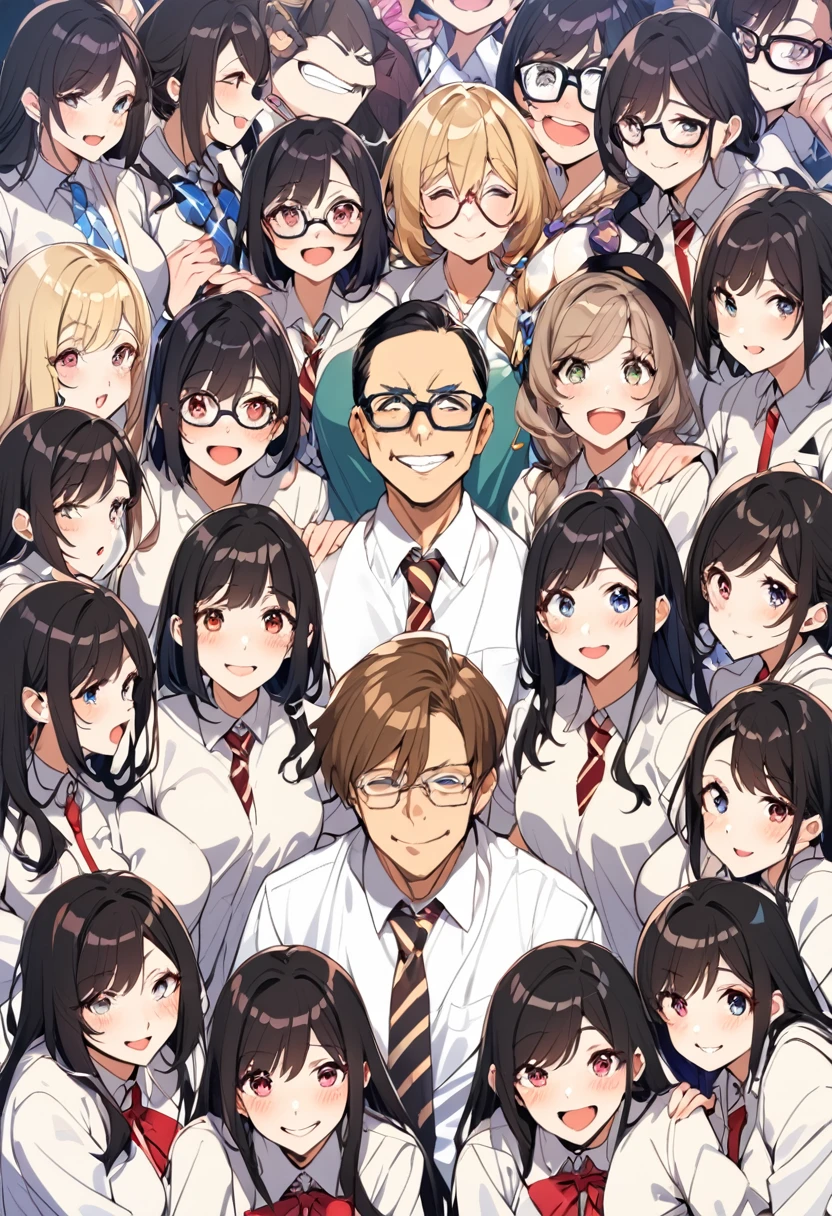 A man in his 40s and a quiet high school girl and a cheerful high school girl、Gal 、Surrounded by nerdy high school girls