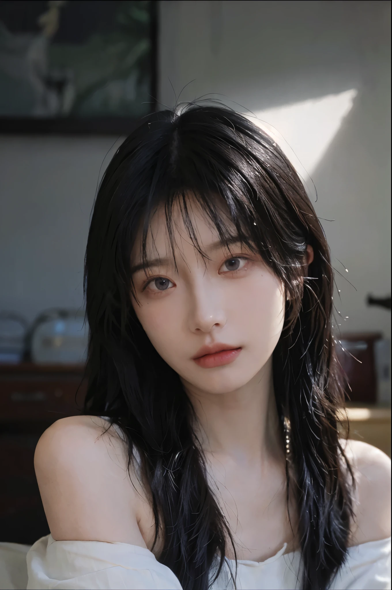 Portrait photography,1 girl,Bare shoulders,Lipstick,Purple short sleeves,(:1.4),Purple sunlight,(sunglasses:1.4),Shoulder-length straight hair,serene,calm,(Realistic and detailed eyes,Natural skin texture,逼真的面部detail),Soft dramatic lighting,Depth of Field,散景生动的detail,detail,Surrealism,35mm film,