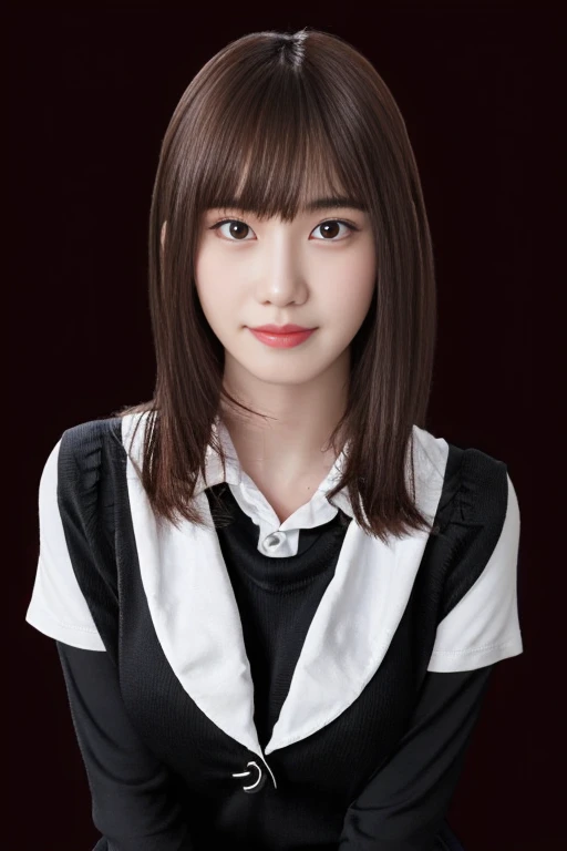 (detailed and realistic portrait of a girl with a clean face), (round eyes and long flutters hair shot outside), friendly & kind smile at camera,magical photography, with dramatic lighting, photo realism, Ultra-detailed, (centered image composition), Best Quality,f/1. 8, 85mm, (18-year-old Asian female), black_heads,(black_eyes:1.2),(bangss),makeups,white_one-piece, ((full body shooting)), (bows, Sneakers, Black stockings, High School Uniform: 1.2, ), black simple background, ample round bosom)