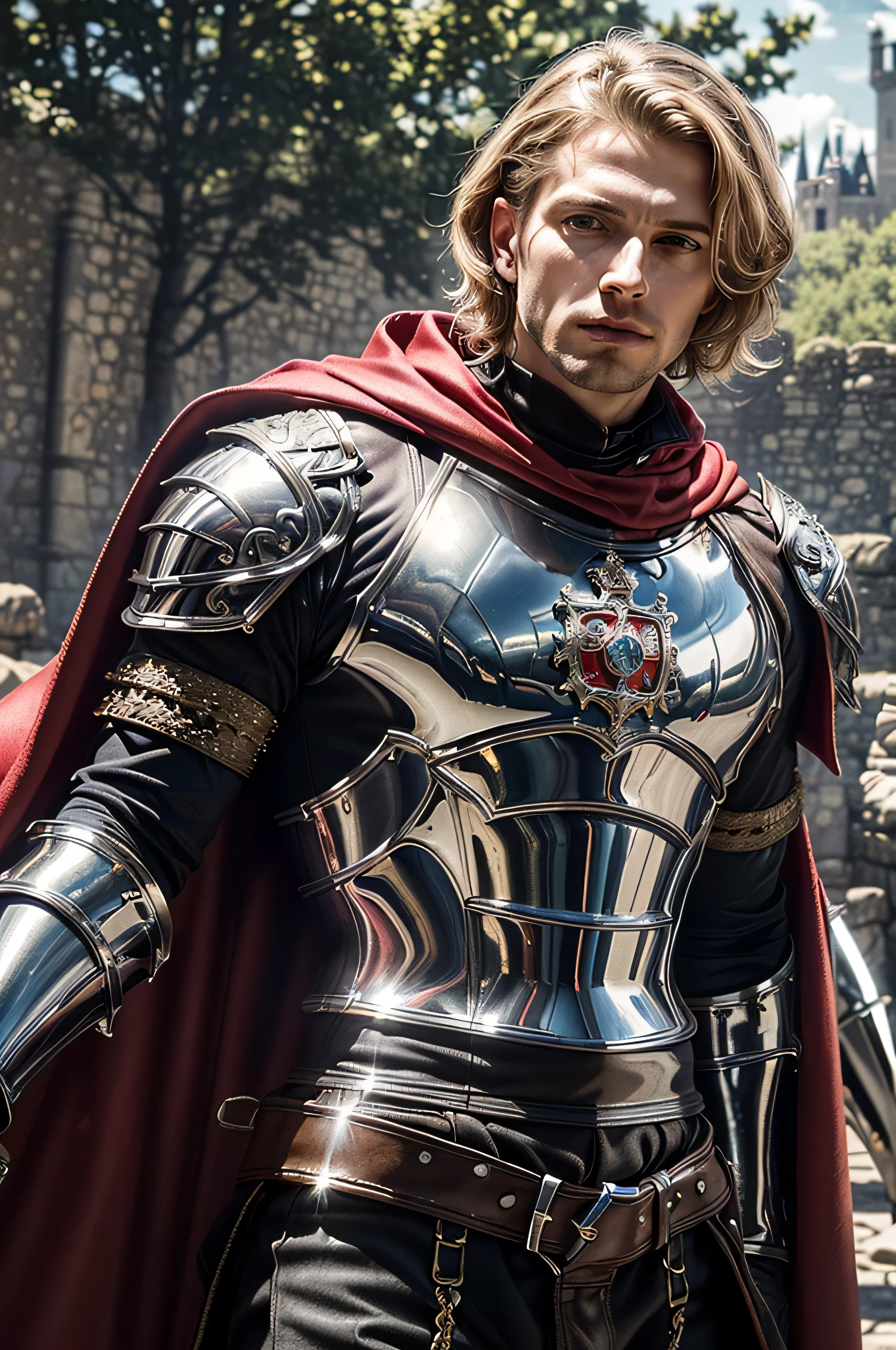 (masterpiece, photorealistic:1.4, extremely intricate:1.3), (photon mapping, radiosity, physically based rendering, ultra resolution, hyper-realistic, photorealistic:1.4, hyper-realistic, 8K), muscular man, ((black chrome late renaissance armor:1.4, chrome rivets (torso photograph), breastplate, red cloak), showing off his bulge, metal reflections, outdoors, medieval battlefield, intense sunlight, far away castle, moat, (shaved blonde hair, dynamic pose), sharp focus, dramatic, award winning, cinematic lighting, (film grain, bokeh, interaction)