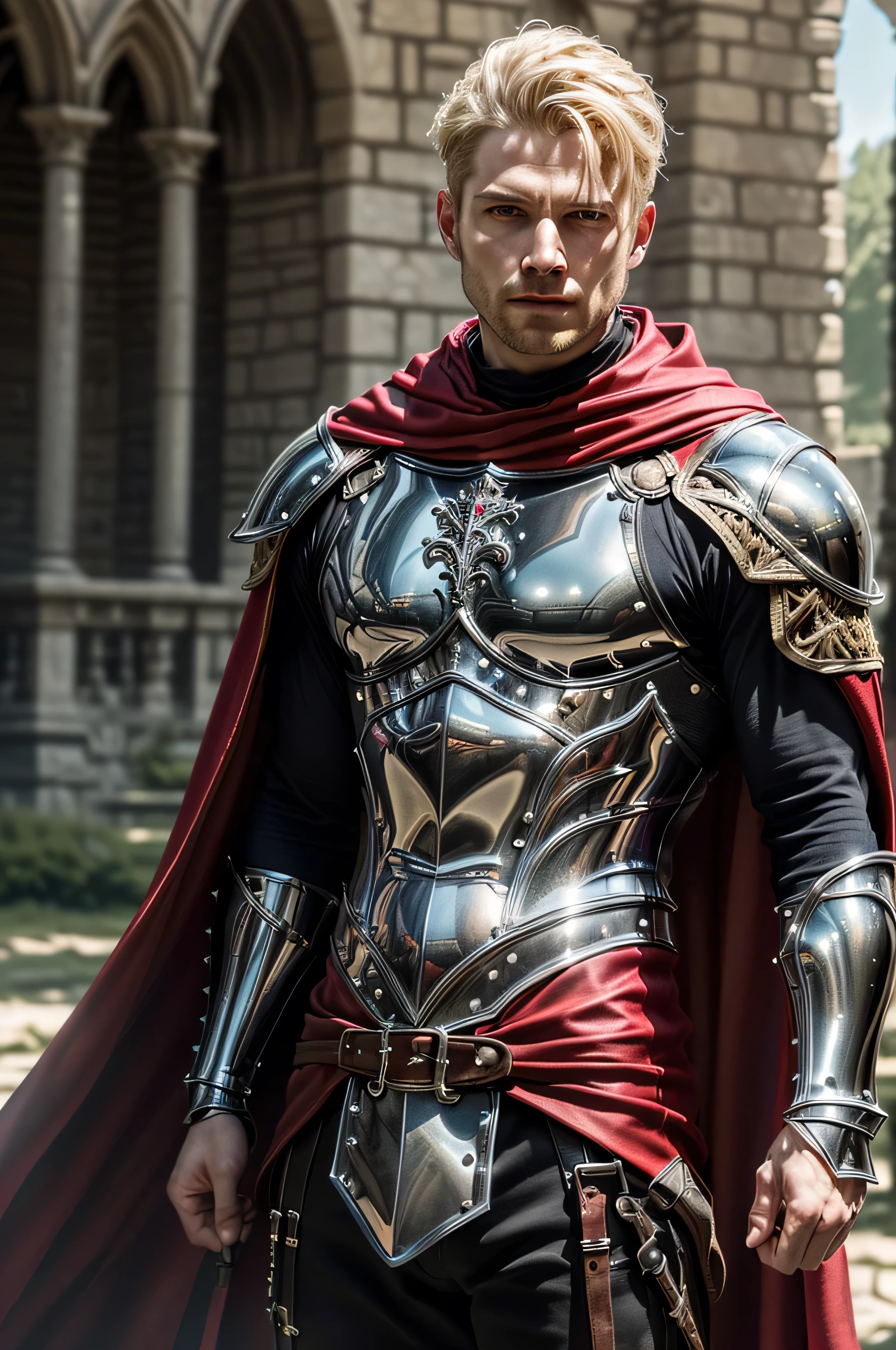 (masterpiece, photorealistic:1.4, extremely intricate:1.3), (photon mapping, radiosity, physically based rendering, ultra resolution, hyper-realistic, photorealistic:1.4, hyper-realistic, 8K), muscular man, ((black chrome late renaissance armor:1.4, chrome rivets (torso photograph), breastplate, red cloak), showing off his bulge, metal reflections, outdoors, medieval battlefield, intense sunlight, far away castle, moat, (shaved blonde hair, dynamic pose), sharp focus, dramatic, award winning, cinematic lighting, (film grain, bokeh, interaction)