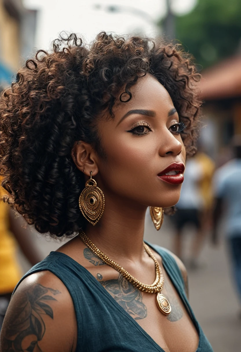 (woman, 20s, from ghana, dancer), large mouth, wide mouth, thick lips, large nose, big nose, curly hair, black skin, tattooed arms, street style, profile photo, upper body shot, looking at viewer, ((high-quality, hyper realistic, photorealistic, 8K, best quality, 4k, highres, masterpiece:1.5)), ultra-detailed, (realistic, photorealistic, photo-realistic:1.3), HDR, UHD, ultra-fine painting, sharp focus, physically-based rendering, extreme detail description, professional,