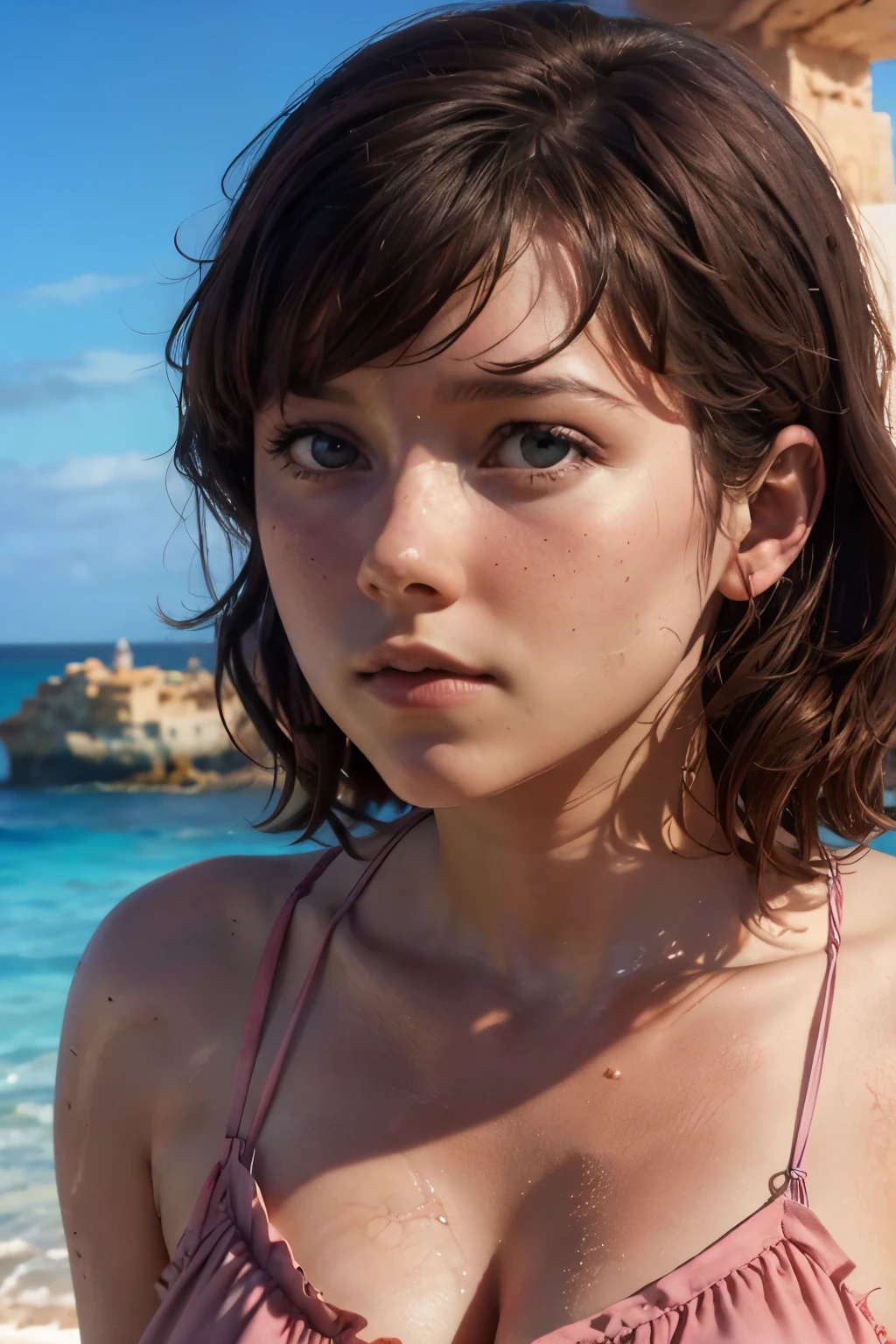 salina de Torrevieja, pink water, ocean, beach, young lady , closeup face, Mary Elizabeth Winstead