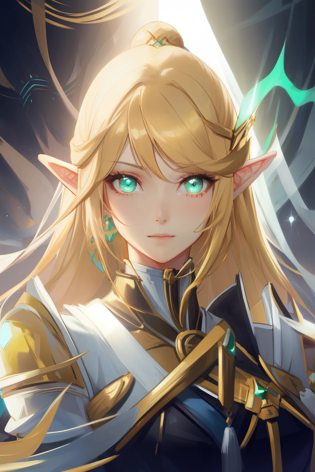 portrait, golden elf, female, golden hair, golden clothes, elven race, detailed eyes, detailed face, royal costume, with a glow of light around her, (best quality, masterpiece: 1.2), vivid colors, luminous lighting , bright golden tone.