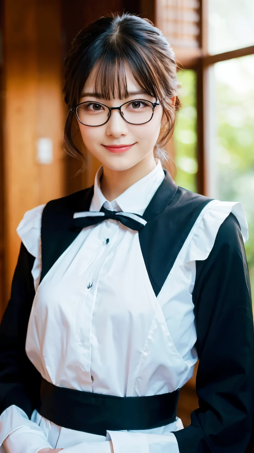 (Highest quality,masterpiece:1.3,Ultra-high resolution),(Very detailed,Caustics,8k),(Realistic:1.4,RAW shooting),A girl dressed as a butler,Japanese,boyish,smile,20-year-old,Short black hair,Glasses,Looking into the camera,Inside the Western-style building,Waist up shot,front,Face Focus,Face close-up,(Warm Light),Professional Writing