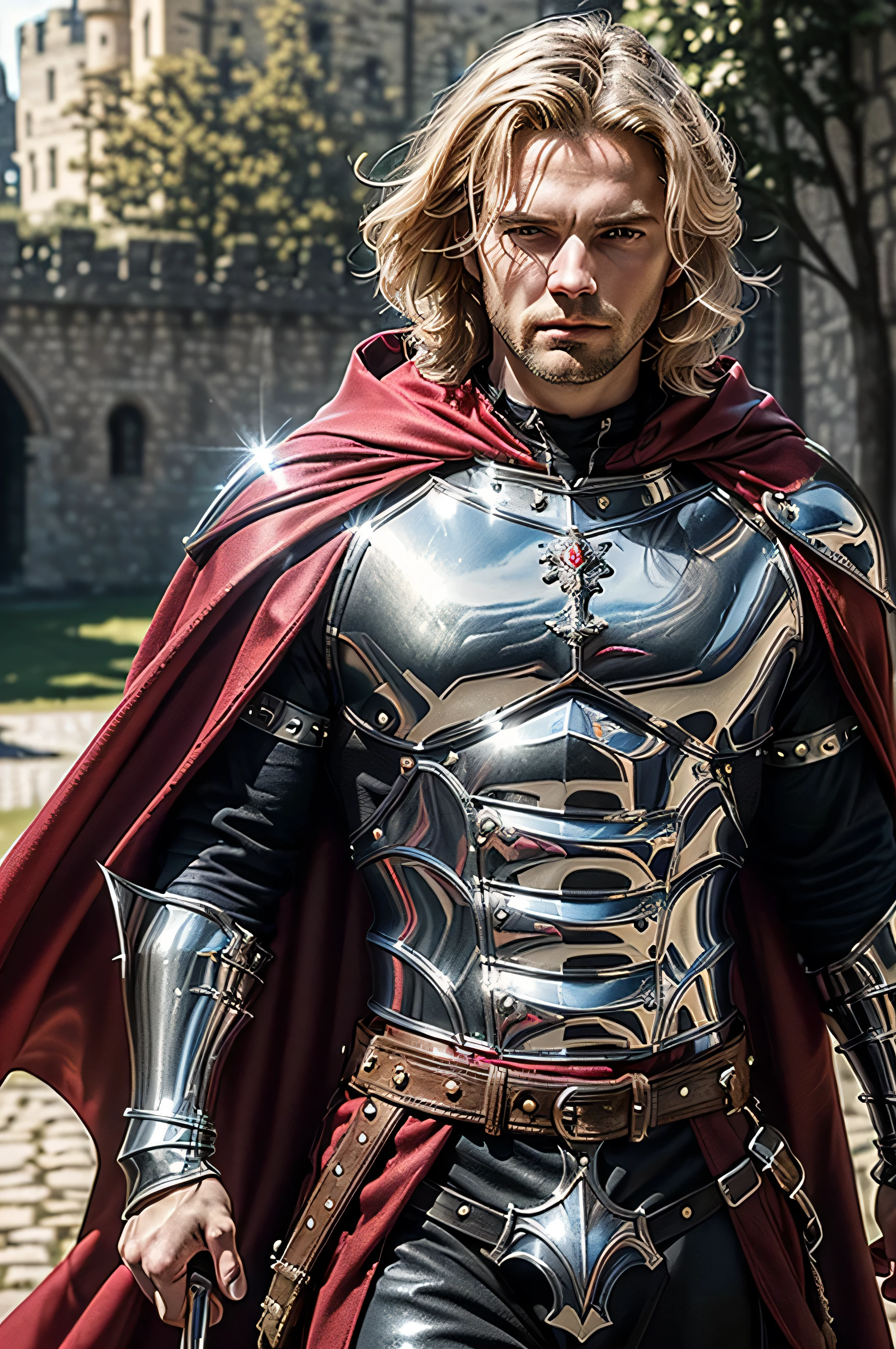 (masterpiece, photorealistic:1.4, extremely intricate:1.3), (photon mapping, radiosity, physically based rendering, ultra resolution, hyper-realistic, photorealistic:1.4, hyper-realistic, 8K), muscular man, ((black chrome late renaissance armor:1.4, chrome rivets (torso photograph), breastplate, red cloak), showing off his bulge, metal reflections, outdoors, medieval battlefield, intense sunlight, far away castle, moat, (blonde hair, dynamic pose), sharp focus, dramatic, award winning, cinematic lighting, (film grain, bokeh, interaction)