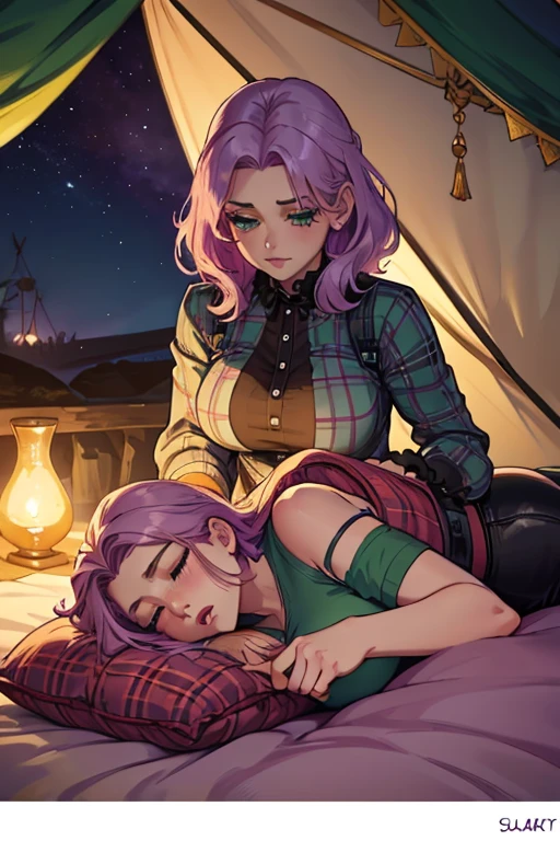 Two women. Perfect faces. Perfect hands. A pink haired woman with violet eyes and an hourglass figure wearing a Gothic plaid shirt and daisy dukes is sleeping with a light purple haired woman with green eyes and an hourglass figure in a sleeping bag in a tent
