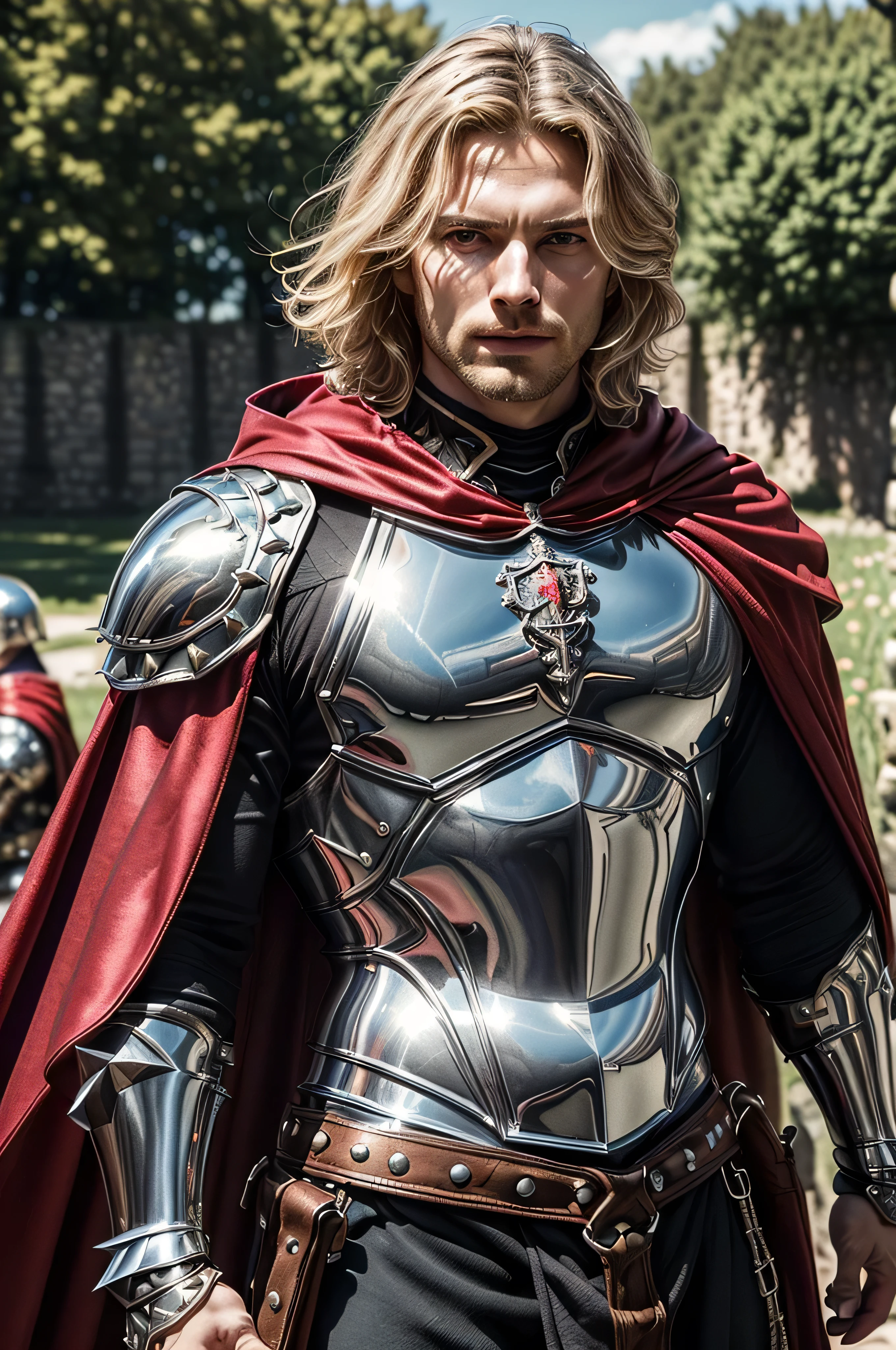 (masterpiece, photorealistic:1.4, extremely intricate:1.3), (photon mapping, radiosity, physically based rendering, ultra resolution, hyper-realistic, photorealistic:1.4, hyper-realistic, 8K), muscular man, ((black chrome late renaissance armor:1.4, chrome rivets (torso photograph), breastplate, red cloak), showing off his bulge, metal reflections, outdoors, medieval battlefield, intense sunlight, far away castle, moat, (blonde hair, dynamic pose), sharp focus, dramatic, award winning, cinematic lighting, (film grain, bokeh, interaction)