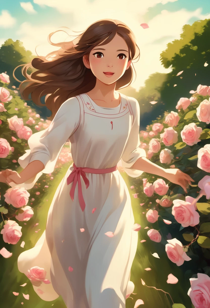 Girl of Asian ethnicity, bright light brown eyes, pastel brown hair, wearing a long white dress with a flower design, running through a field of rose bushes