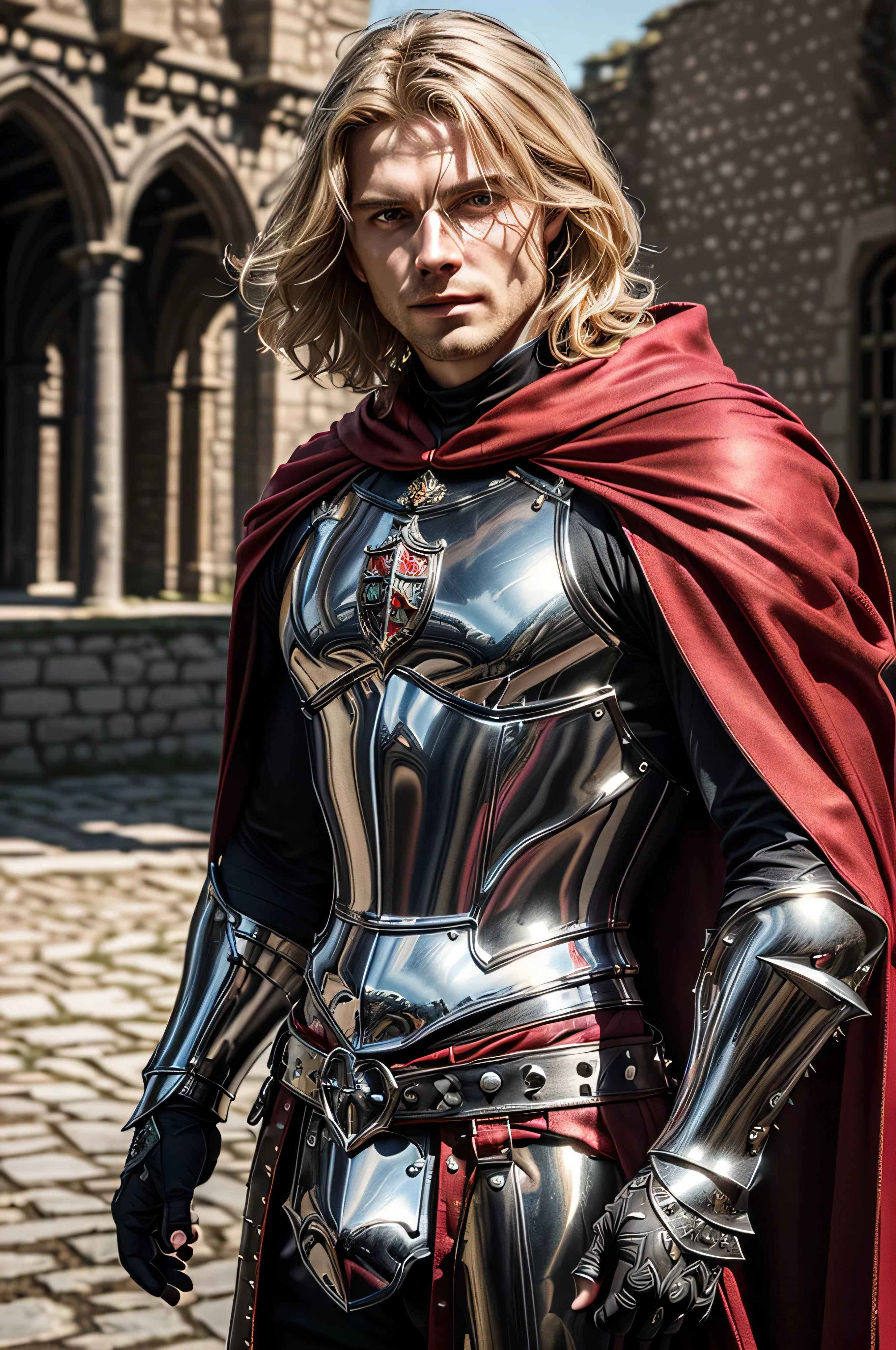 (masterpiece, photorealistic:1.4, extremely intricate:1.3), (photon mapping, radiosity, physically based rendering, ultra resolution, hyper-realistic, photorealistic:1.4, hyper-realistic, 8K), muscular man, ((black chrome late renaissance armor:1.4, chrome rivets (torso photograph), breastplate, red cloak), showing off his bulge, metal reflections, outdoors, medieval battlefield, intense sunlight, far away castle, moat, (blonde hair, dynamic pose), sharp focus, dramatic, award winning, cinematic lighting, (film grain, bokeh, interaction)