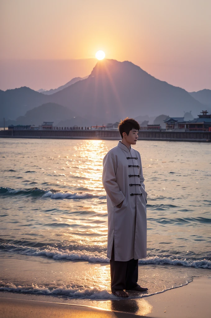 Chinese male at the seaside with the rising sun shining overhead