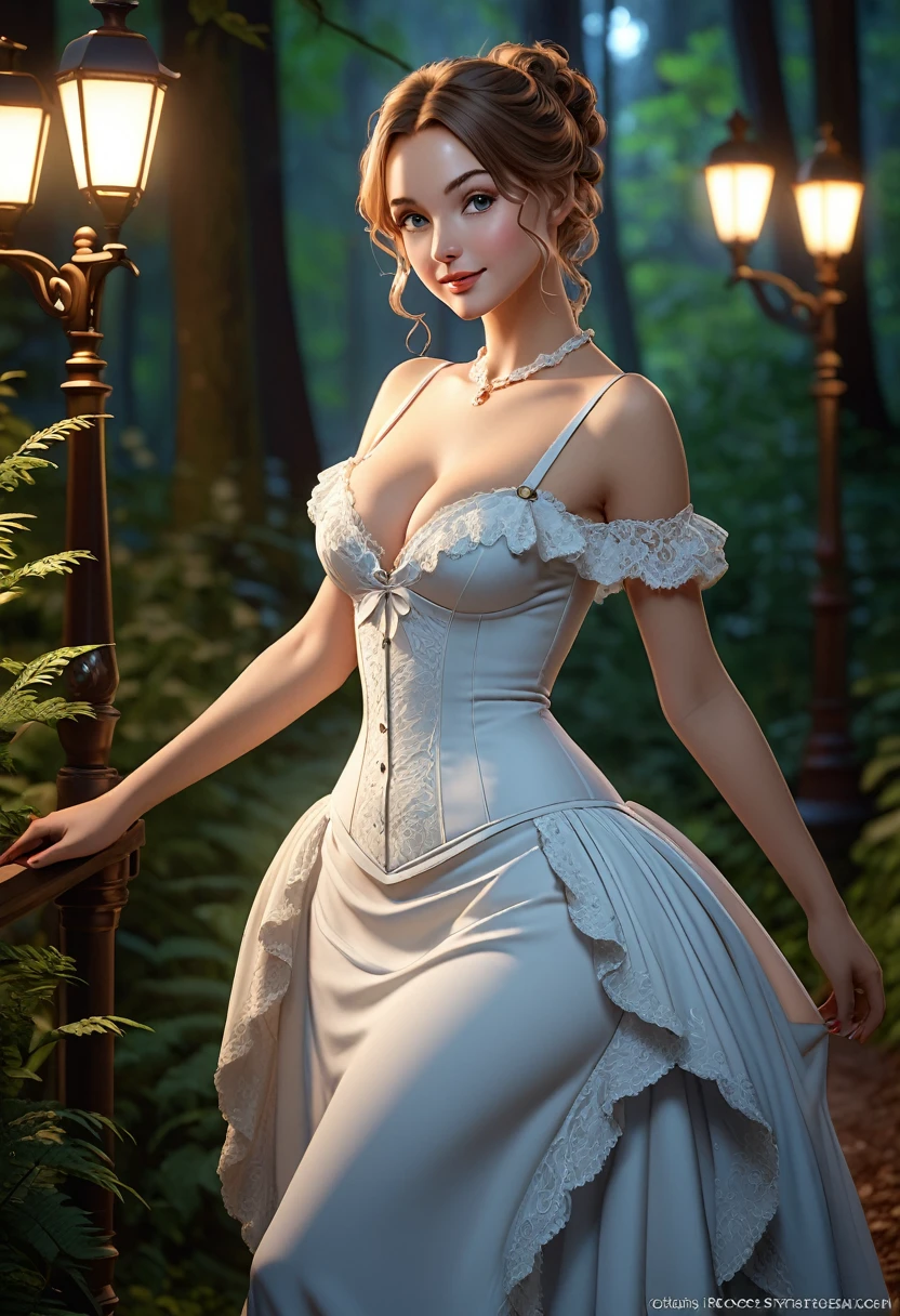 A beautiful Aristacrat woman with large elegant, hawk-like-nose, who embodies old fashioned class, undershoulder dress hemmed is fluffy animal fur. sophistication, elgance as well as wholesome, natural beauty. curvy, thin-waist, wide-hips, swaying-hips. Oppulent historically accurate victorian dress. Wide Smile, Eyes Detailed & Wide, sexy Pose. Ultra HD, Rococo-Inspired Fantasy Art With Intricate Details. Cute, dress. Charming Expression, Alluring-Gaze, looking at viewer Beautiful Eyes, An-Ideal-Figure. Large Youthful Well-Shaped-Breasts, Attractive ass showcased. Massive-Round-Bosom, Décolletage. slim waist, fit body, full lipsWarm lights , woman in a dreamy forest at night, with fluffy hair, delicate face, realistic, real, slim, large aperture, sexy shots, attractive poses,Stunnin gly beautiful merge of Paige Renee Spiranac, . symmetrical face, photorealistic, photography, path tracing, specular lighting, volumetric face light, path traced hairmaximum quality{(masutepiece) (8K High Resolution) (top-quality)