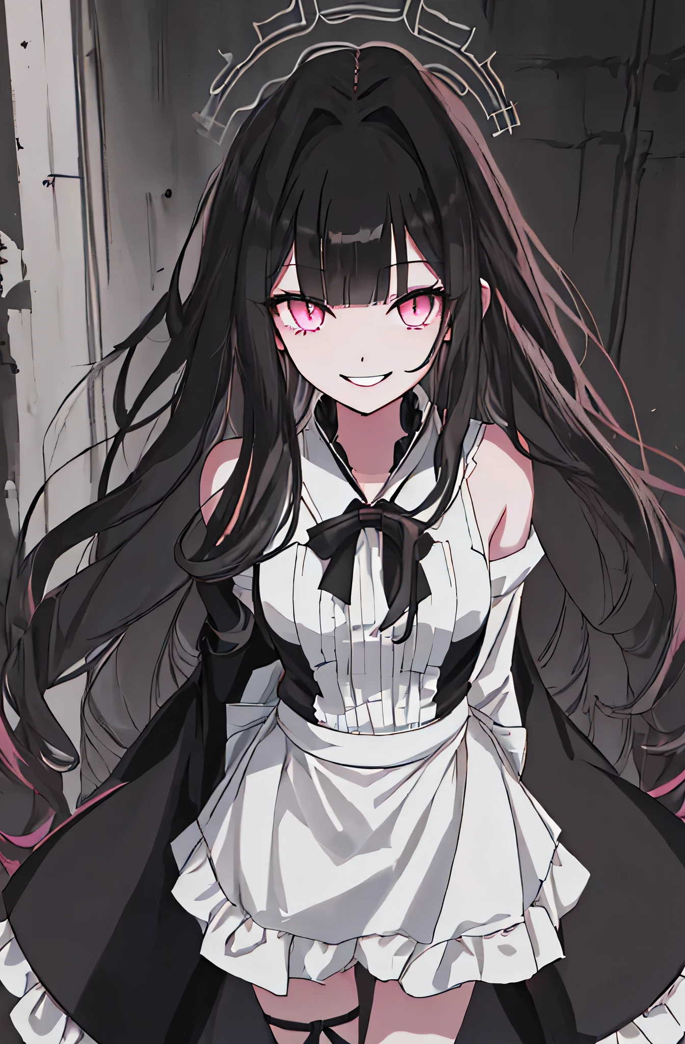 (solo), (girl),(((adult))), (pink eyes),(black long hair),(blunt bangs),(+perfect hand+:1.21),(Draw an illustration of cute girl),(slender),white skin,(white and black maid clothes),laugh,smile,((((adult)))),standing , black and white clothes,((black long hair)),((black long hair)),((black long hair)),((black long hair)),((dynamic angle)),(dynamic pose),party hall,evil smile,