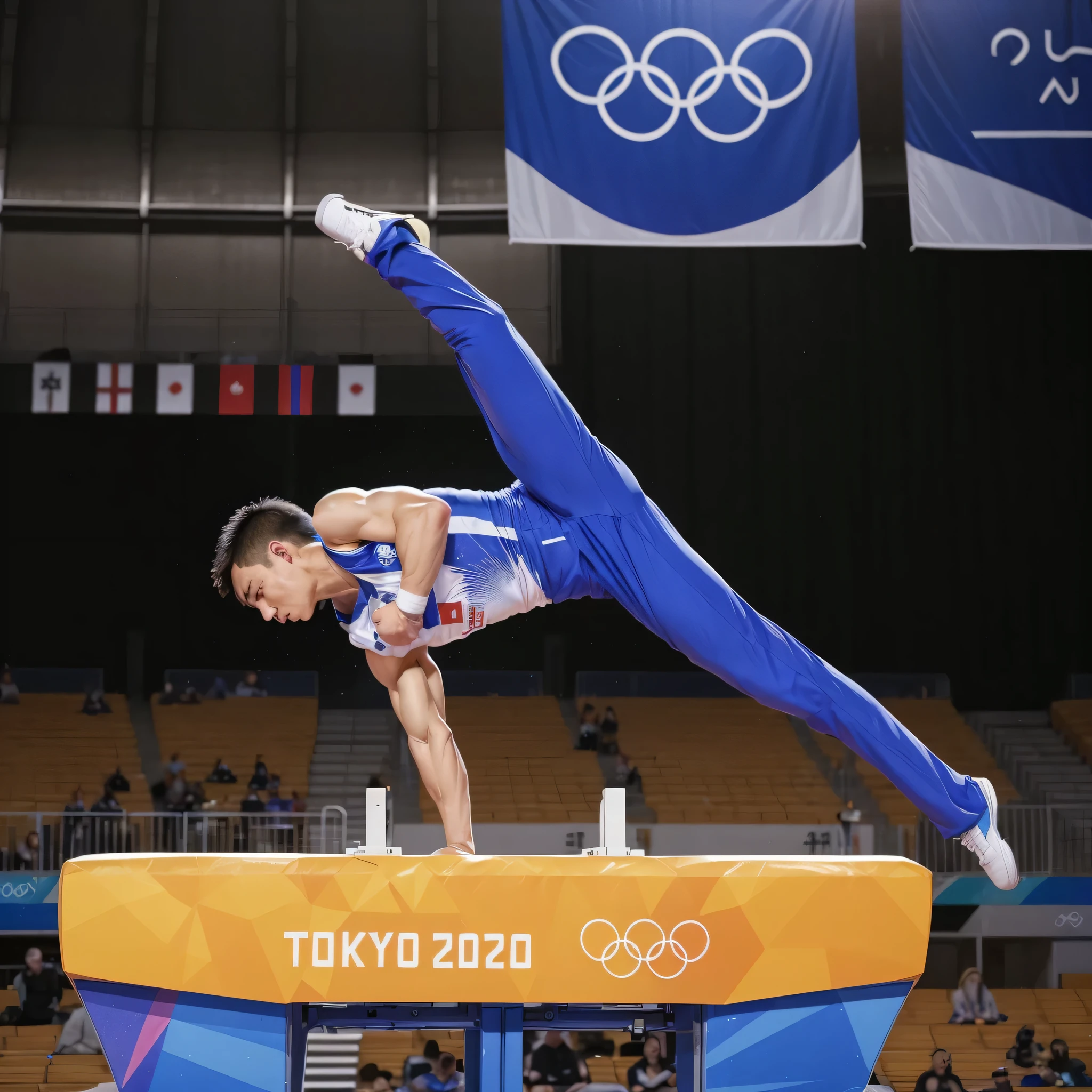 (1boy, photorealistic:1.4, ultra realistic, masterpiece:1.2, best quality, 4k), young olympic male gymnast performing on the beam in a stadium, photo from the olympic games, detailed faces, ultra realistic skin, Olympic Games, shot on Nikon d850 50mm, dlsr, RAW, cinematic lighting, 3 point lighting, flash with soft box, artem, danila tkachenko, macoto takahashi, japan, hiroyuki kato, daniel dociu, photograph credit: ap, andrea savchenko, tsuyoshi nagano