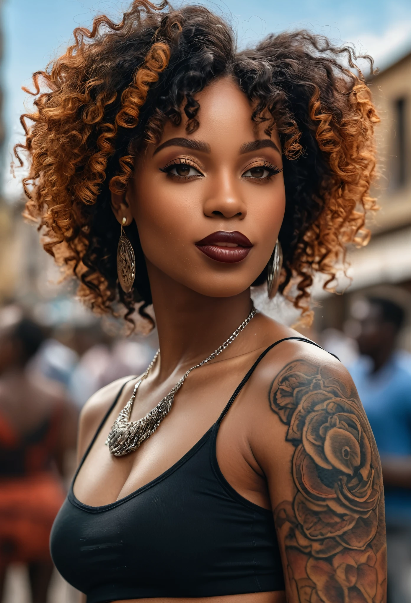 (woman, 20s, from ghana, dancer), large mouth, wide mouth, thick lips, large nose, big nose, curly hair, black skin, tattooed arms, street style, profile photo, upper body shot, looking at viewer, ((high-quality, hyper realistic, photorealistic, 8K, best quality, 4k, highres, masterpiece:1.5)), ultra-detailed, (realistic, photorealistic, photo-realistic:1.3), HDR, UHD, ultra-fine painting, sharp focus, physically-based rendering, extreme detail description, professional,