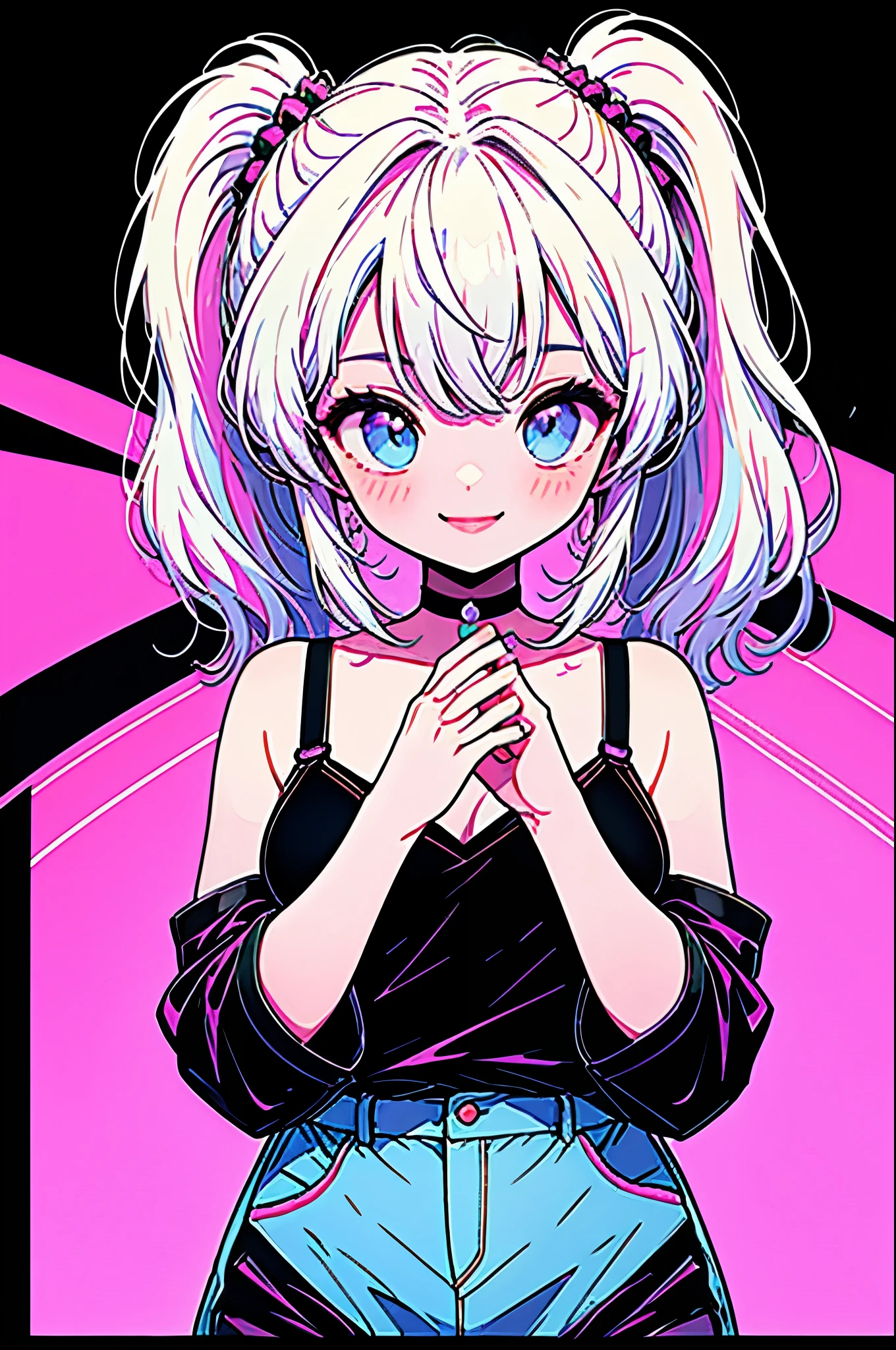 Highest quality,smile,woman,woman1人,cute,ponytail,White Hair,Light blue eyes, Black camisole,Black shorts,Piercing,Black choker, Pink background,Touching hair with hands,