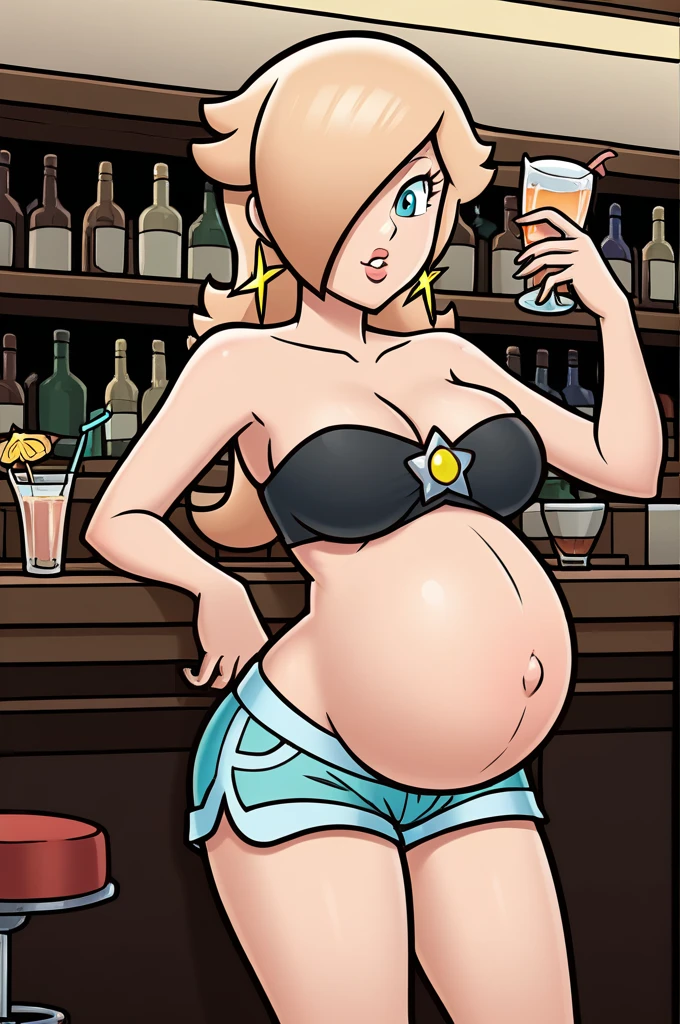 score_9, score_8_up, 1girl, solo, rosalina, style parody, thick outlines, black bikini, shorts, pregnant belly, sleeveless, strapless, cleavage, indoors, bar, 