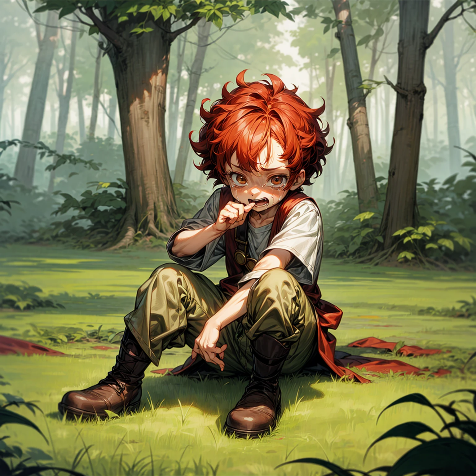 Background in the forest, Grassroots, one piece style art, Full body version, , hazel eyes, red colour hair, short Curly hairstyle, Farmer clothing, boots, crying gesture when bitten by a zombie, blood on background 