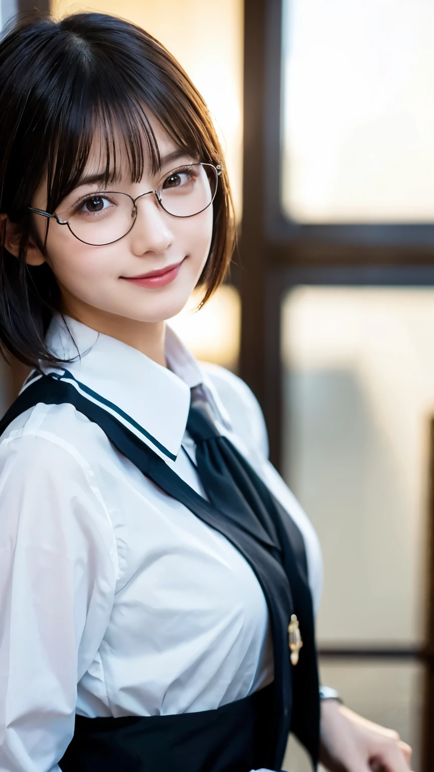 (Highest quality,masterpiece:1.3,Ultra-high resolution),(Very detailed,Caustics,8k),(Realistic:1.4,RAW shooting),A girl dressed as a butler,Japanese,boyish,smile,20-year-old,Short black hair,Glasses,Looking into the camera,Inside the Western-style building,Waist up shot,front,Face Focus,Face close-up,(Warm Light),Professional Writing