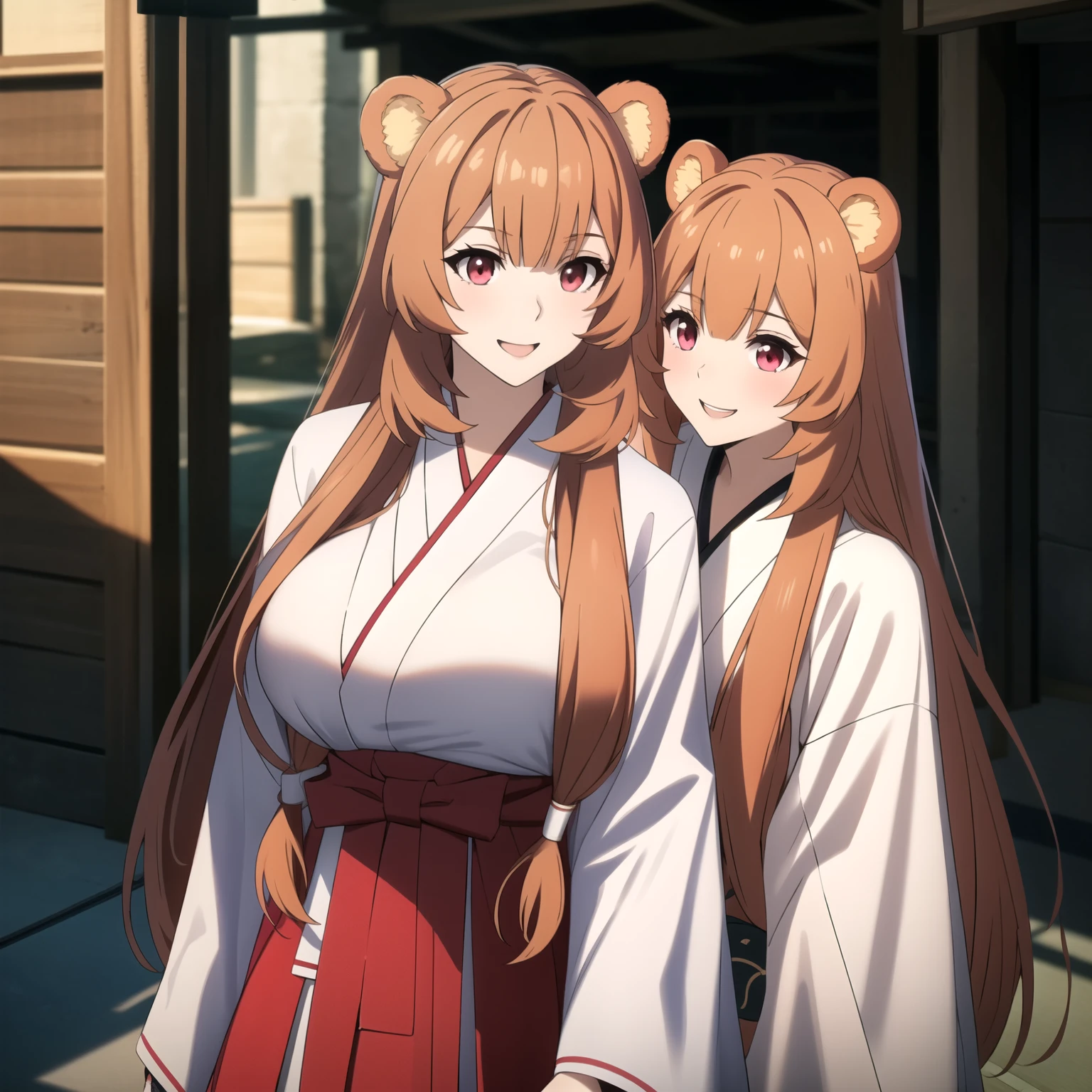 Raphtalia woman 35 years old straight orange hair , bear ears redondeadas, red eyes like ruby., flirtatious smile, Pale skin, big breasts, japanese priestess clothing, White and red, pink belt, , bear ears, ,  background an old japanese street.