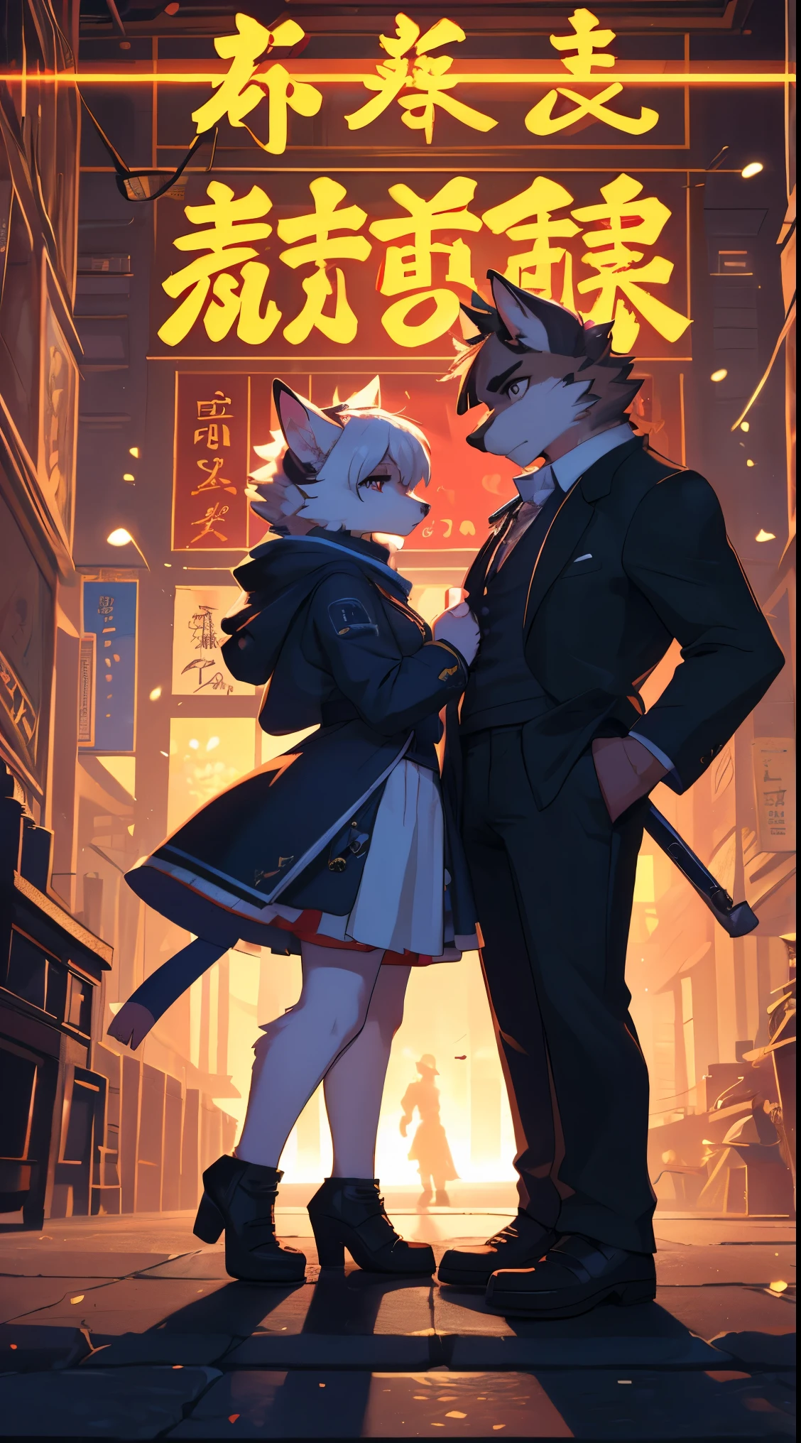 movie poster, movie artwork, action movie concept art, romantic novel cover, High resolution, top quality, Best Quality, perfect work of art, absurdities, perfect anatomy(couple, young male detective, 1 woman dressed as Chinese)(furry, kemono, the second)with some elements of 007,