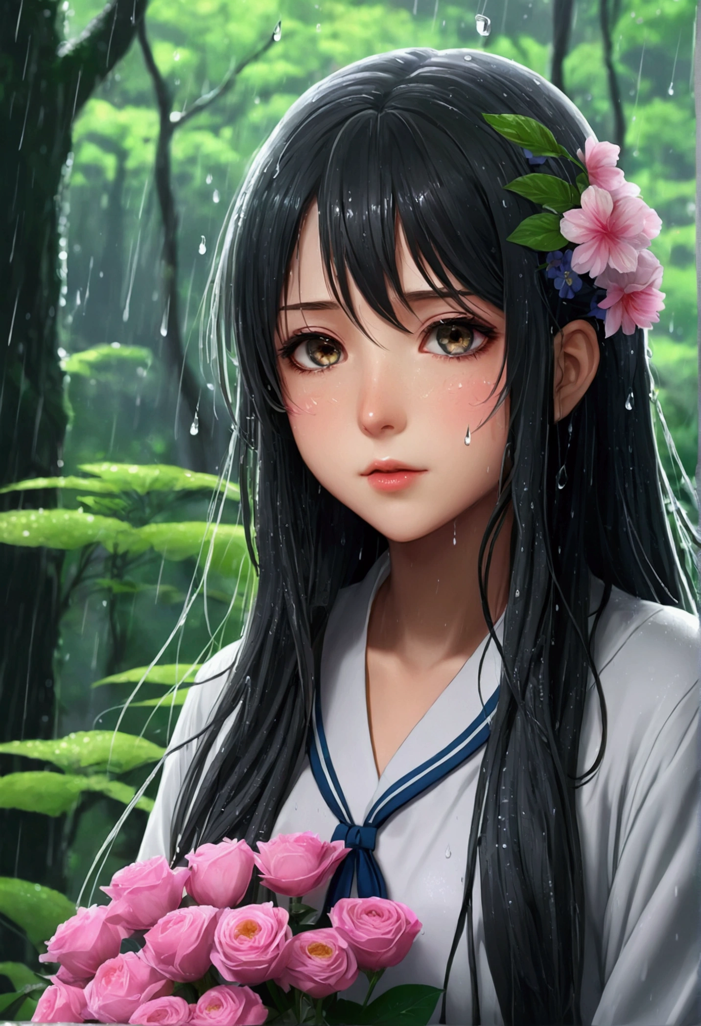 Anime girl with long hair and flowers, Beautiful anime artwork, Anime Style 4K, anime art wallpaper 4k,Wet day，Windows，forest，Raindrops