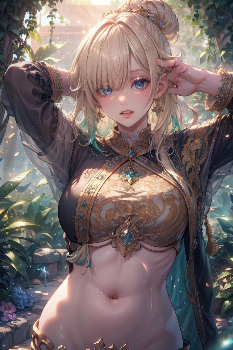 1female，15yo，Slim，熟妇，medium cleavage breasts Thin waist，slenderlegs，Pornographic exposure， 独奏，kashiwazaki sena, butterfly_hair_ornament, blonde_hair, long hair, large breasts, aqua eyes, (wearing: black bath robe, high heels), looking at viewer,（Background with：ln the forest，the rainforest，in summer，standing on your feet，Sweat profusely，drenched all over the body，seen from the front， hair straight， mostly cloudy sky，（（（tmasterpiece），（Very detailed CG unity 8K wallpaper），best qualtiy，cinmatic lighting，detailed back ground，beatiful detailed eyes，Bright pupils，（Very fine and beautiful），（Beautiful and detailed eye description），ultra - detailed，tmasterpiece，）），facing at camera，（Full body photo），Show shoes，A high resolution，ultra - detailed），revealing breasts， Bulge，legs are open，Raised sexy，Flushed complexion，Open-mouthed，frontage，full body