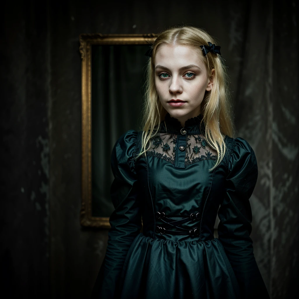 portrait of young girl with blonde hair, pale skin, green eyes, gothic victorian dress, black makeup,