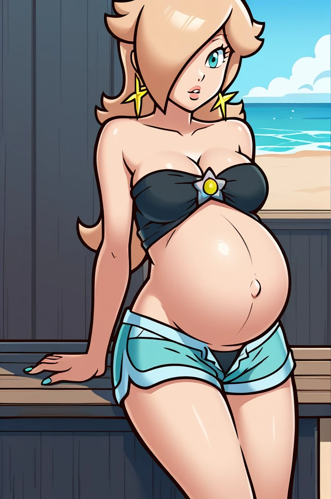 score_9, score_8_up, 1girl, solo, rosalina, style parody, thick outlines, black bikini, shorts, pregnant belly, sleeveless, strapless, cleavage, indoors, beach,