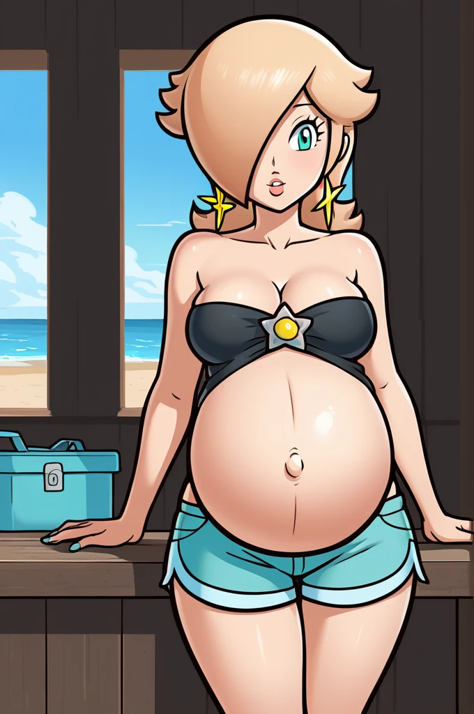 score_9, score_8_up, 1girl, solo, rosalina, style parody, thick outlines, black bikini, shorts, pregnant belly, sleeveless, strapless, cleavage, indoors, beach, 