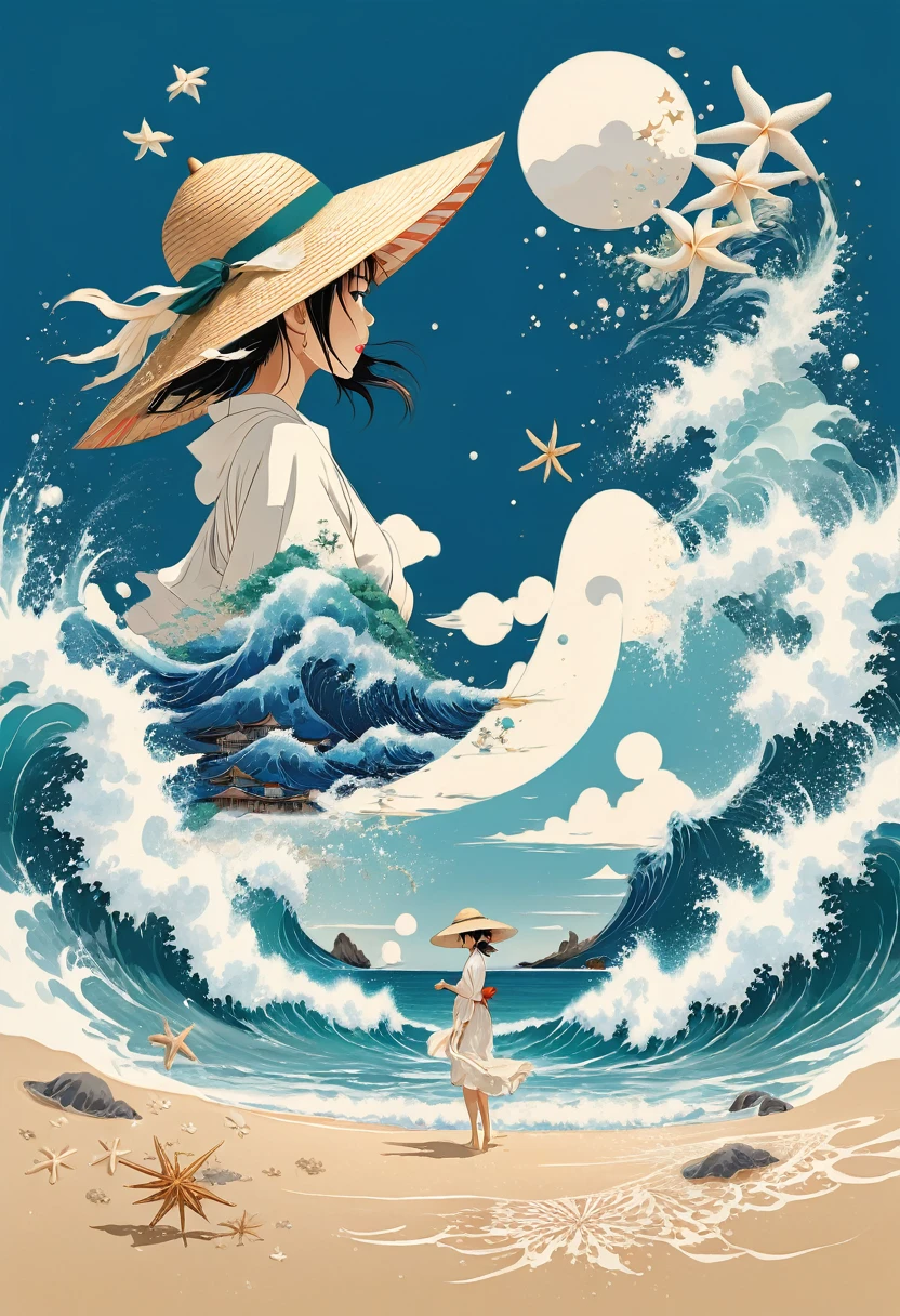 Illustration of a girl wearing a straw hat,Stunned,(The girl is depicted as large:1.4),Japanese style,Waves splashing on the beach,starfish,White shells,Emerald blue sea background,Cumulonimbus fragments,best quality,Ultra-high resolution,Golden Ratio,Maximum coefficient,Cappadocia