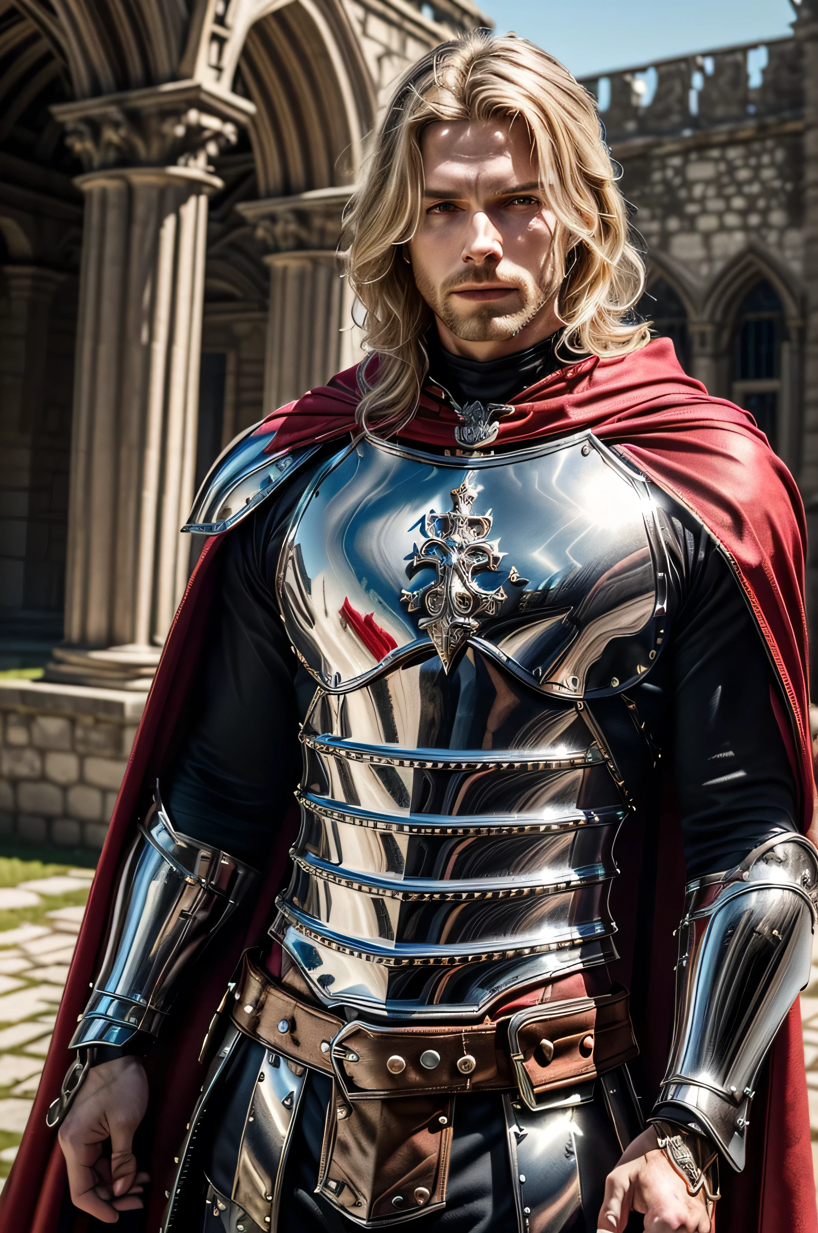 (masterpiece, photorealistic:1.4, extremely intricate:1.3), (photon mapping, radiosity, physically based rendering, ultra resolution, hyper-realistic, photorealistic:1.4, hyper-realistic, 8K), muscular man, ((black chrome late renaissance armor:1.4, chrome rivets (torso photograph), breastplate, red cloak), showing off his bulge, metal reflections, outdoors, medieval battlefield, intense sunlight, far away castle, moat, (blonde hair, dynamic pose), sharp focus, dramatic, award winning, cinematic lighting, (film grain, bokeh, interaction)