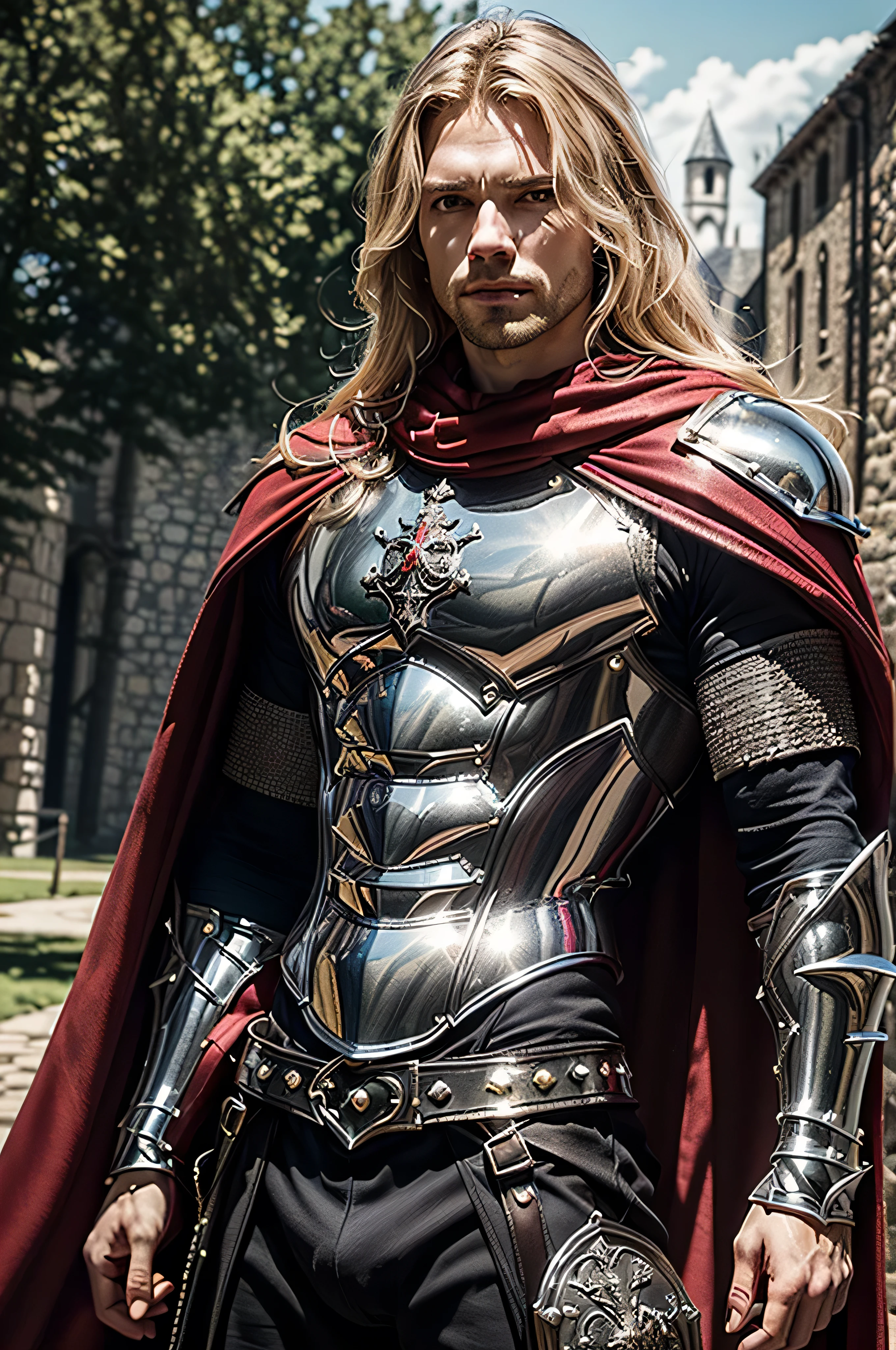 (masterpiece, photorealistic:1.4, extremely intricate:1.3), (photon mapping, radiosity, physically based rendering, ultra resolution, hyper-realistic, photorealistic:1.4, hyper-realistic, 8K), muscular man, ((black chrome late renaissance armor:1.4, chrome rivets (torso photograph), breastplate, red cloak), showing off his bulge, metal reflections, outdoors, medieval battlefield, intense sunlight, far away castle, moat, (blonde hair, dynamic pose), sharp focus, dramatic, award winning, cinematic lighting, (film grain, bokeh, interaction)