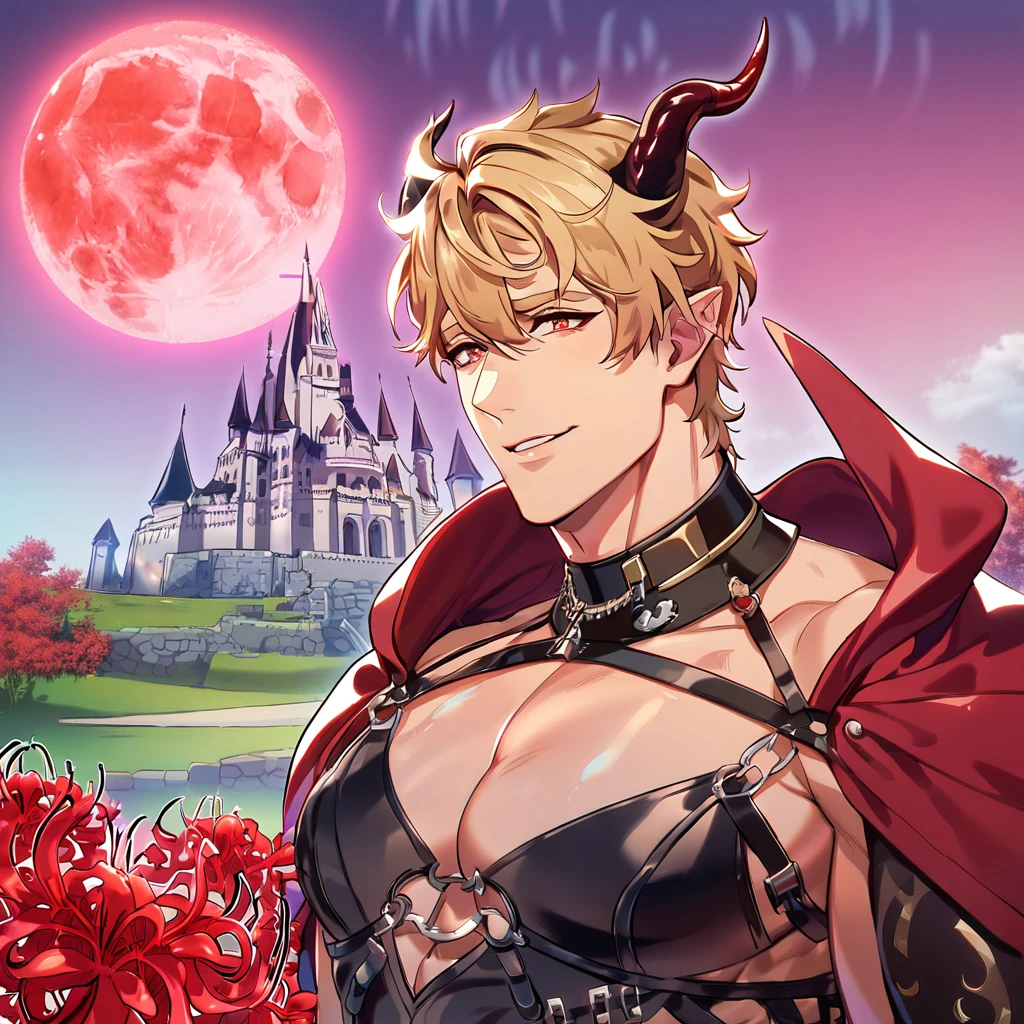 absurdres, highres, ultra detailed, HDR, master piece, best quality, Quincy, blonde hair, expressive amber eyes, Nu Carnival, solo, sexy man, handsome, horny, lewd, demon, horns, black leather clothes, red cape, accessories, showing the chest, castle, red moon, red trees, red spider lilies, fantasy, dark magic