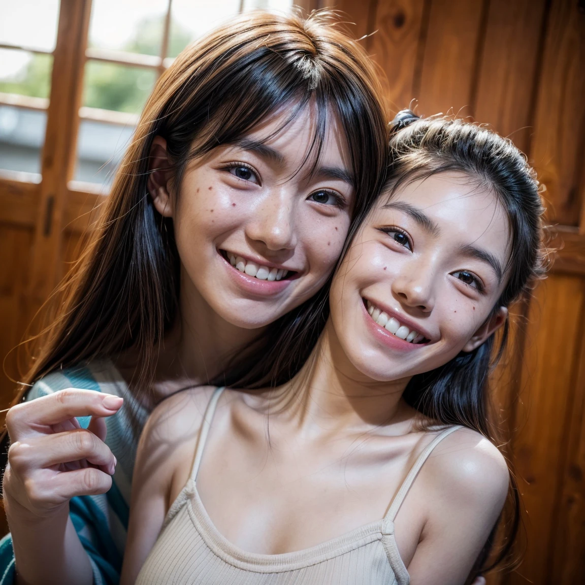 a woman,1 girl,black hair, hair bobbles, longeyelashes, solid circle eyes, light smile, mole under eye, piercing, light smile, shy, puckered lips, Surrealism, drop shadow, stereogram, ass pov, atmospheric perspective, depth of field, first-person view, f/1.8, 8K, super detail, ccurate, best quality, highres, best quality,full body,professional lighting,Cleavage