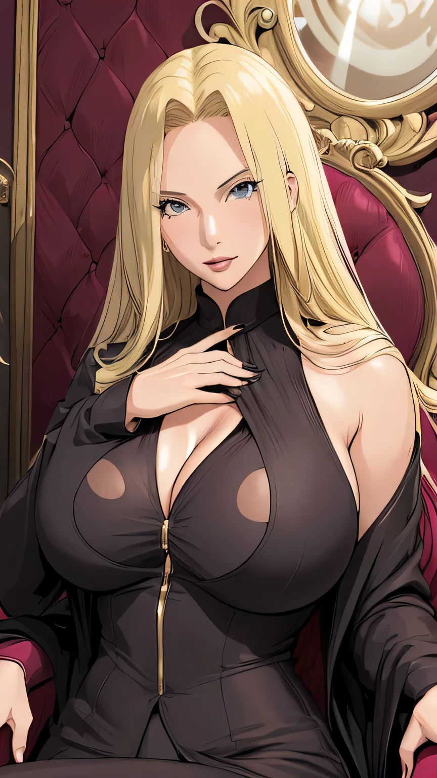 beautiful detailed girl, sexy female mafia boss, wearing office suit and long transparent coat, blonde hair, slender, Pose with hands together, Youthful expression, large breast, massive cleavage exposed, huge buttock, sitting on the throne arroganly