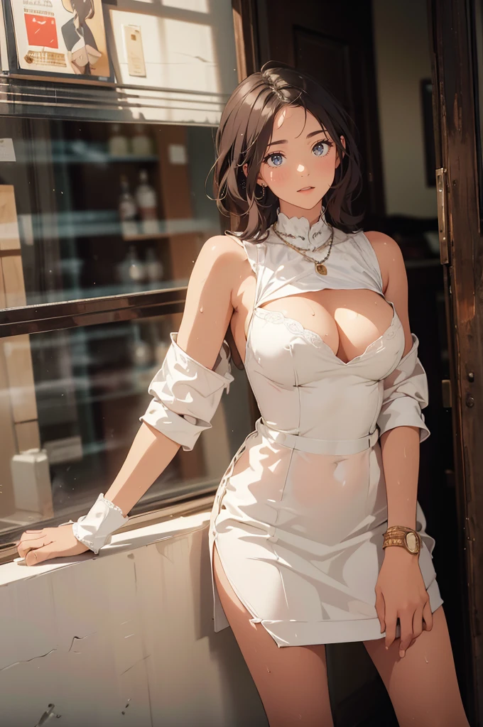 (8ก, 最high quality: 1.2), Very detailed, Complete solution, (Realistic, Realistic photo: 1.37), Portraiture, High resolution RAW color photograph, Professionally arrested, High resolution and beautiful, High resolution, 8ก Image Wallpaper, Amazing details, Large file size, Very detailedな美しい女の子, Very detailed face, (Super beautiful, well-defined eyes:1.8), The nose is precisely shaped., expressive lips,(sunset,Big House, Seaside restaurant background:1.2) , One Story, pretty girl, Realistic、 (Movie Scenes,Fantasy art,最high quality,high quality,High resolution,high qualityの質感,Attention to detail,Beautiful details,Fine details,Very detailedなCG,Detailed Texture,Realistic representation of face,Tabletop,before,dynamic,bold),1 Girl,Very detailedな肌,curve,Beautiful breasts,Big Breasts,Pale skin,Pointed Chest,Erect nipples,(Very fine hairs),(Super soft hair),(Super Straight Hair),Long, slicked bangs,Very light coppery amber hair,Hair on one eye,Very lean body,Smart Abs,(Sexy maid outfit:1.5),(Open your mouth:1.3),My chest is visible、(Pink nipples)、Nipples are visible、