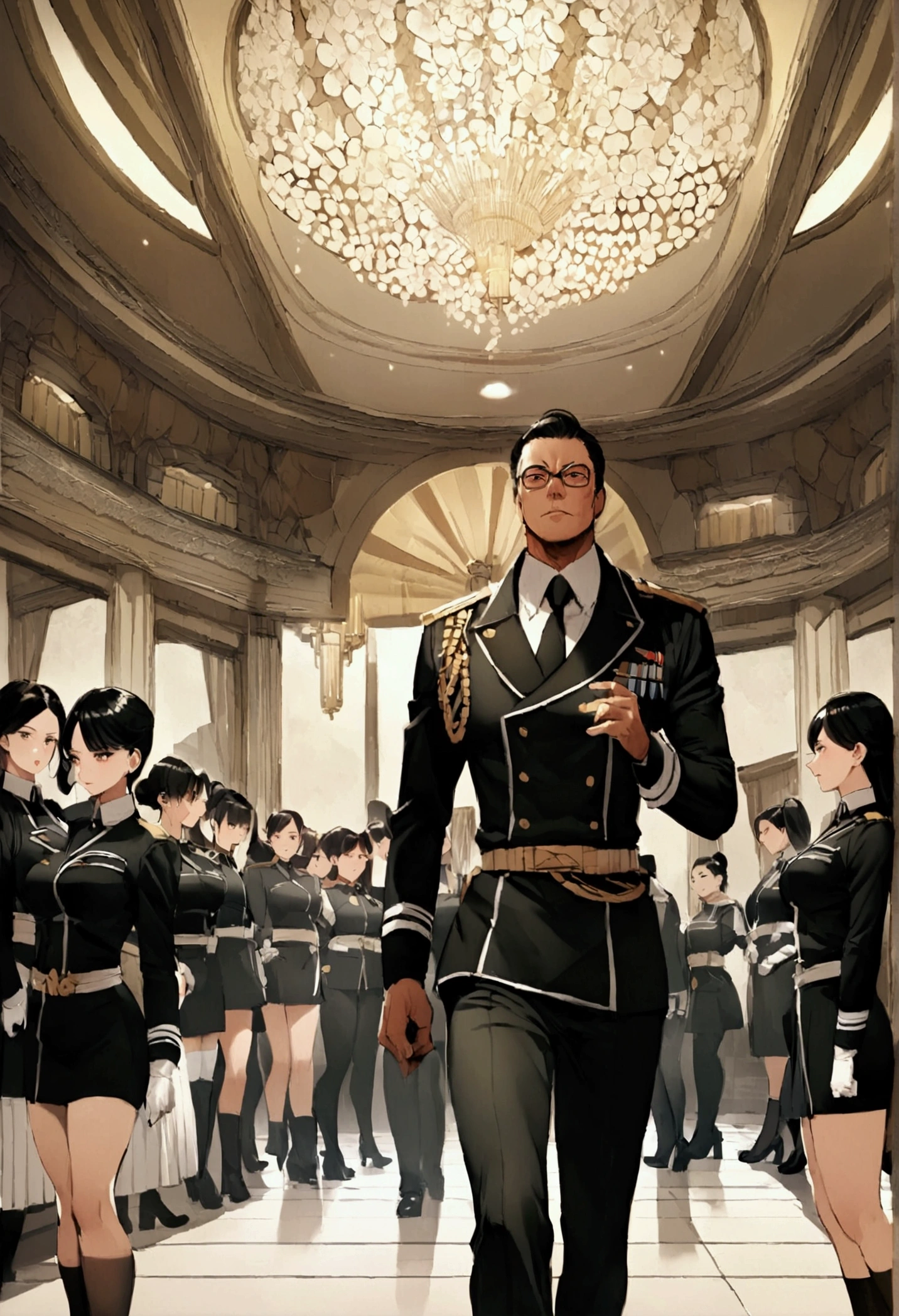Leader man and his five female military ranch employees working 