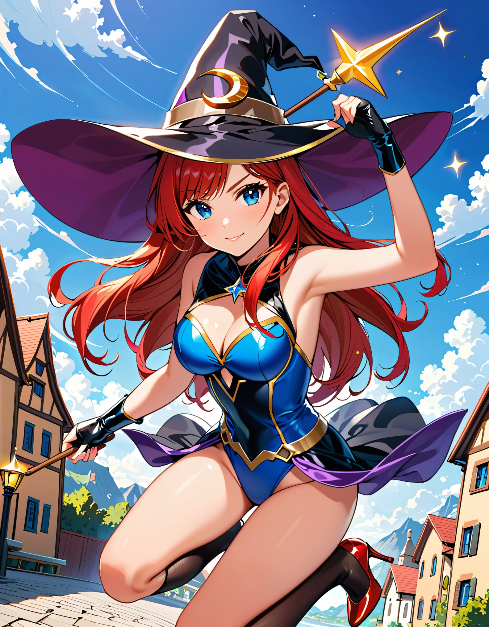 1girl, superhero, holding wand, witch academia, superhero sorceress witch, glamorous angewoman digimon, sky witch, by Aguri Uchida, maya ali as a lightning mage, leotard, blue leotard with white accent, bare legs, blue thigh-highs, red high heels, witch hat, red hair, long hair, blue eyes, beautiful detailed eyes, beautiful detailed face, cute face, medium breasts, age 16-18, solo, solo focus, wonder