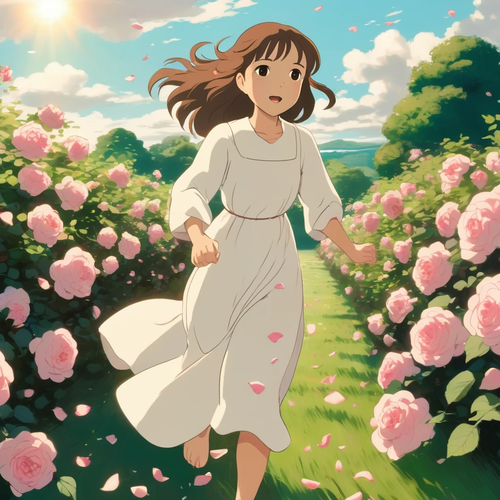 Girl of Asian ethnicity, bright light brown eyes, pastel brown hair, wearing a long white dress with a flower design, running through a field of rose bushes, style Ghibli