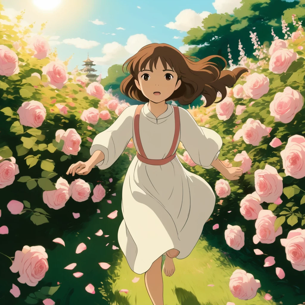Girl of Asian ethnicity, bright light brown eyes, pastel brown hair, wearing a long white dress with a flower design, running through a field of rose bushes, style Ghibli